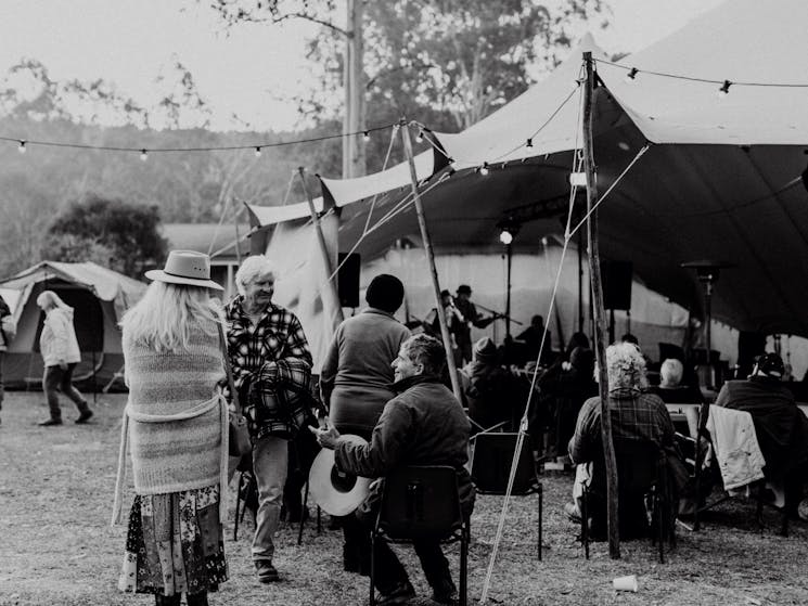 Music lovers enjoy a chat at the Clarence Valley Camp Oven Festival