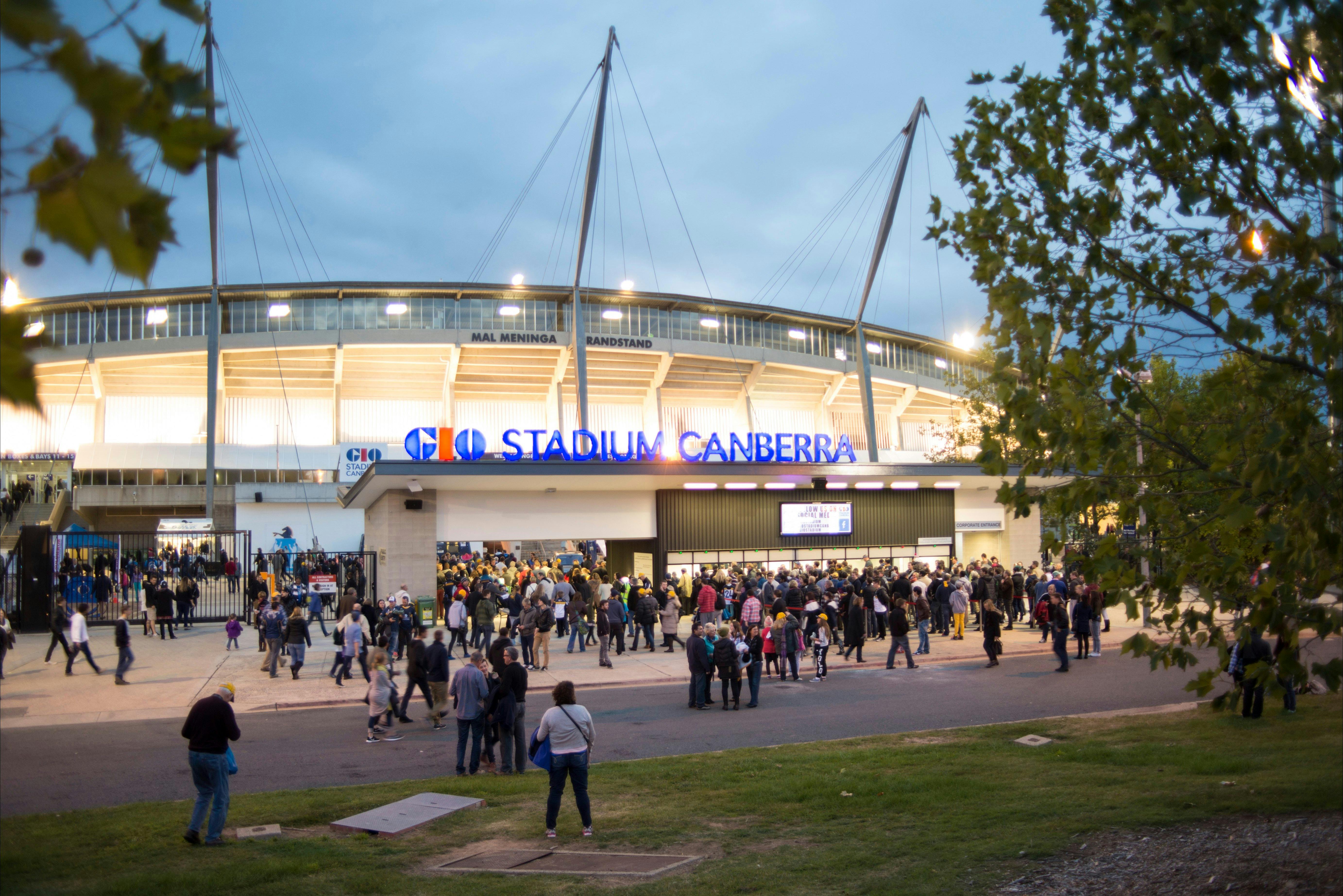 GIO Stadium Canberra entrance lit at night