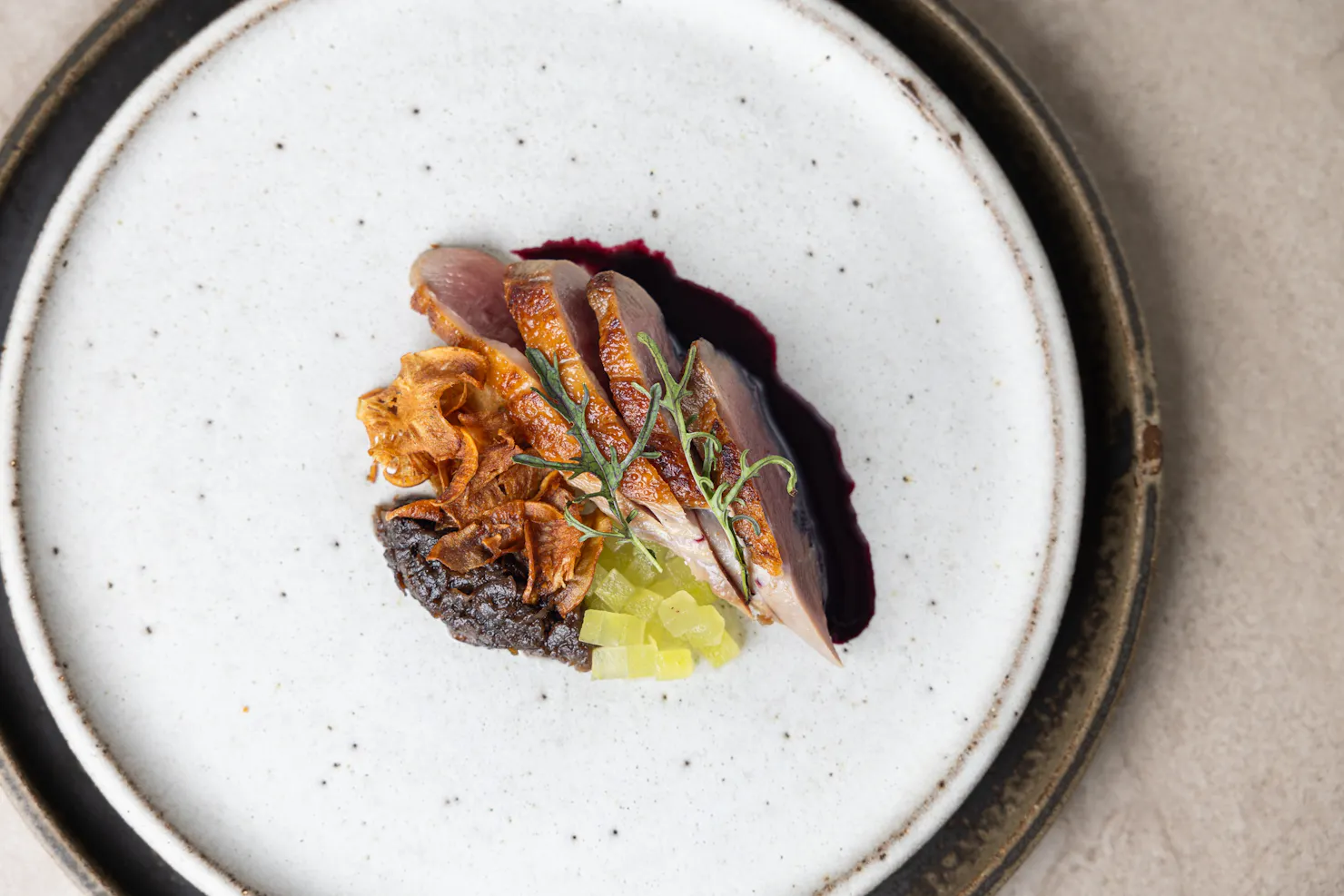 Duck Breast, Black Artichoke, Pickled Apple, Blueberry Juice