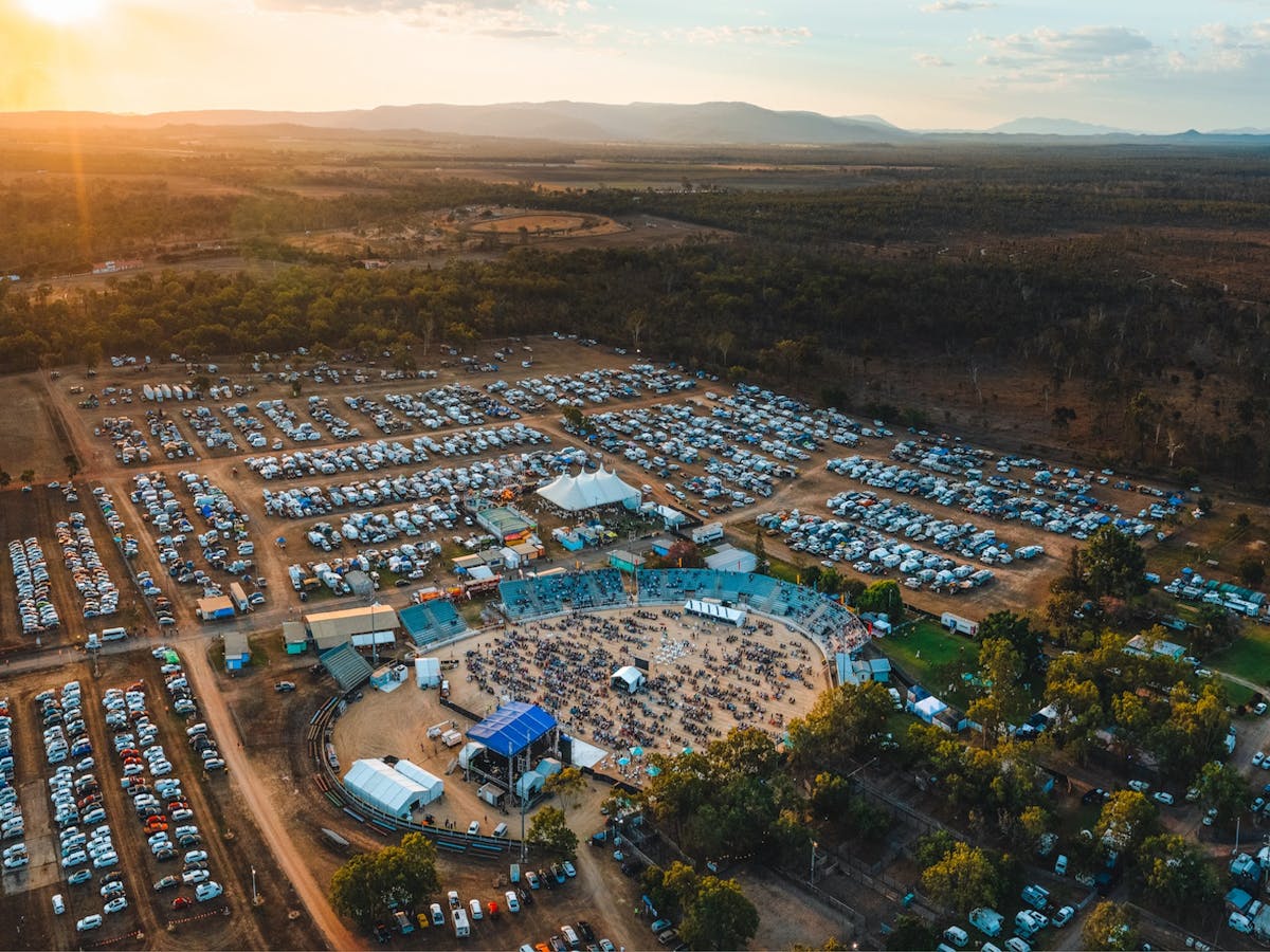 Aerial view overlooking Savannah in the Round, Mareeba Music Festival, Tropical North Queensland.