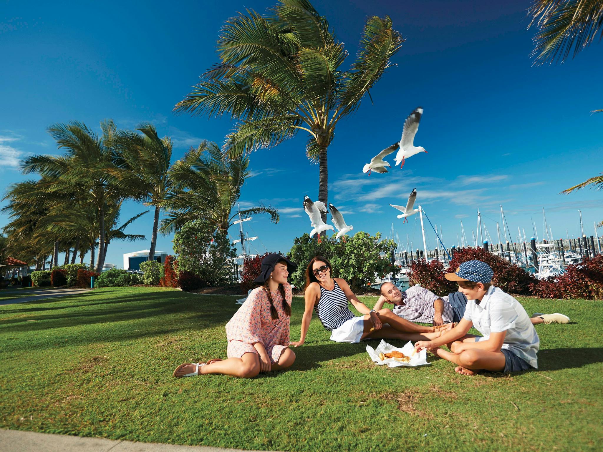 Explore the palm-fringed esplanade at the Mackay Marina. Explore the palm-fringed esplanade at the Mackay Marina.
