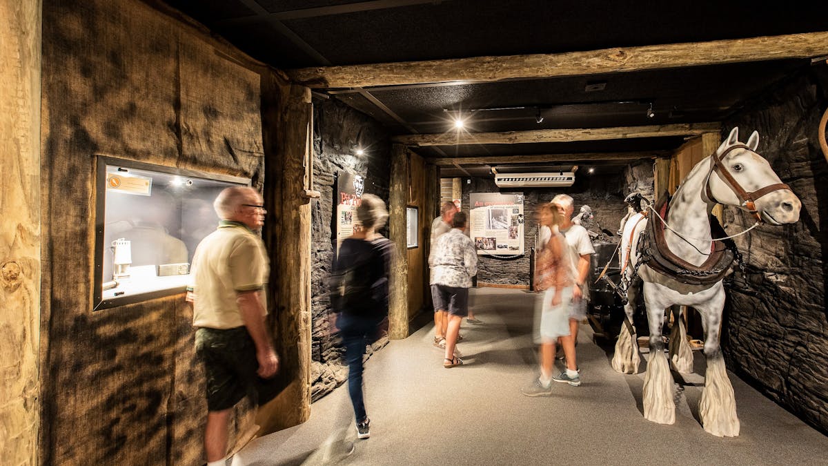 A group of people walking through mining tunnel with displays and information and horse sculpture