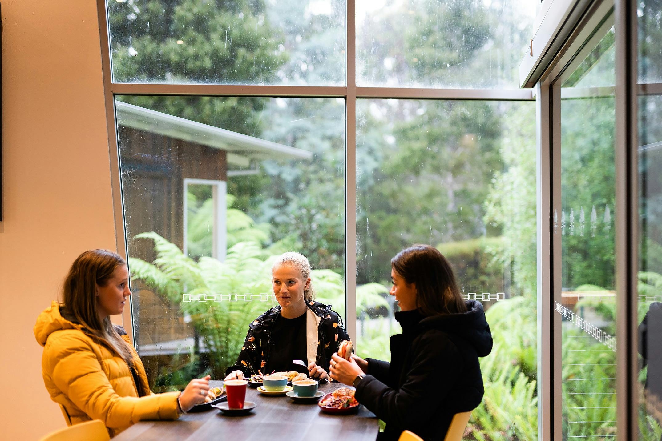 Three women sitting at a table eating, with a big window behind them that looks out into the forest.