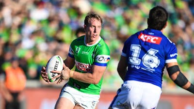 Canberra Raiders player Zac Hosking running the ball.