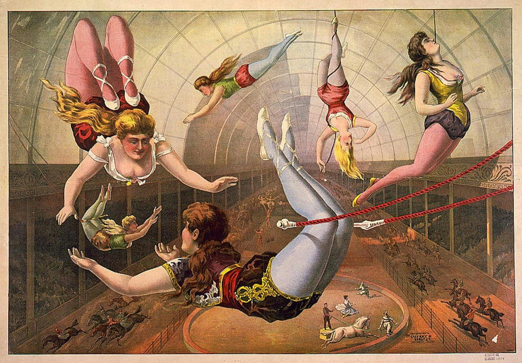 An old-fashioned poster of women acrobats and trapeze artists.e