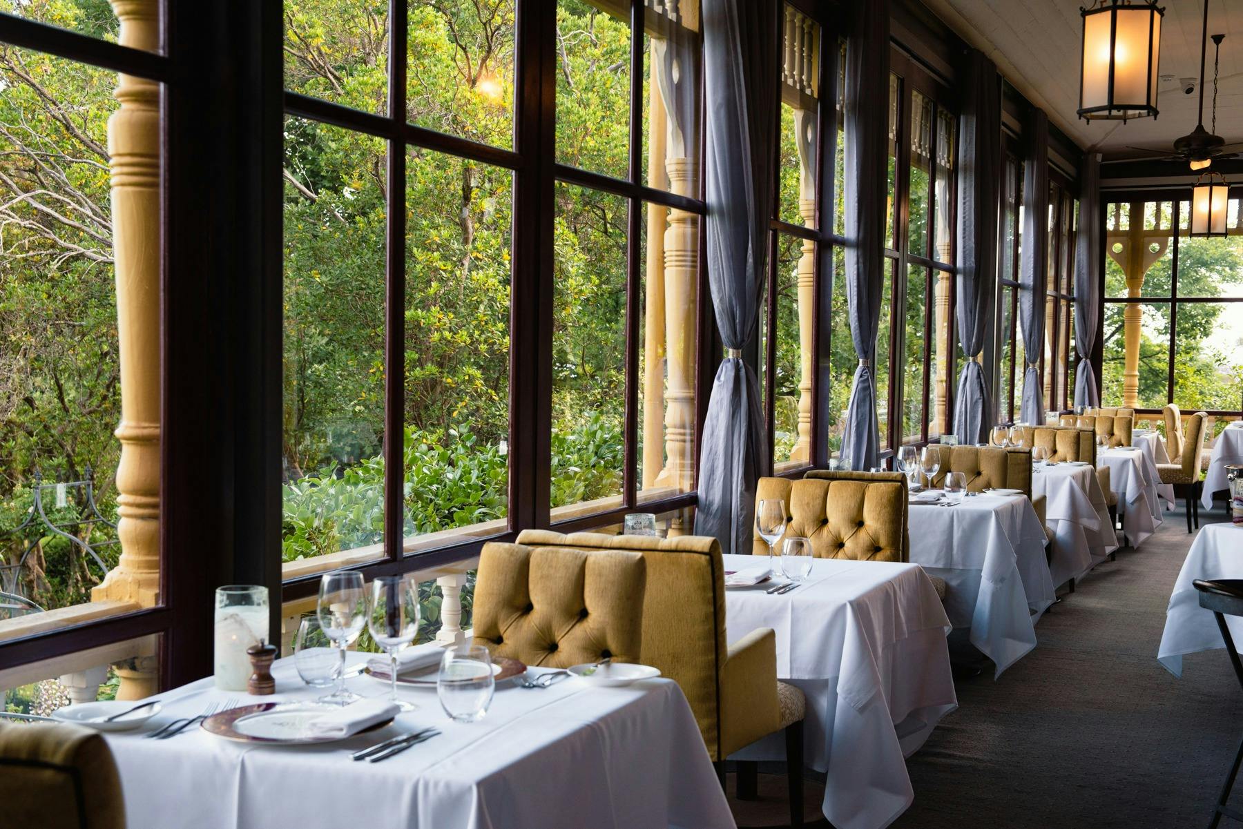 A row of tables in Darley's Restaurant surrounded by large windows overlooking gardens
