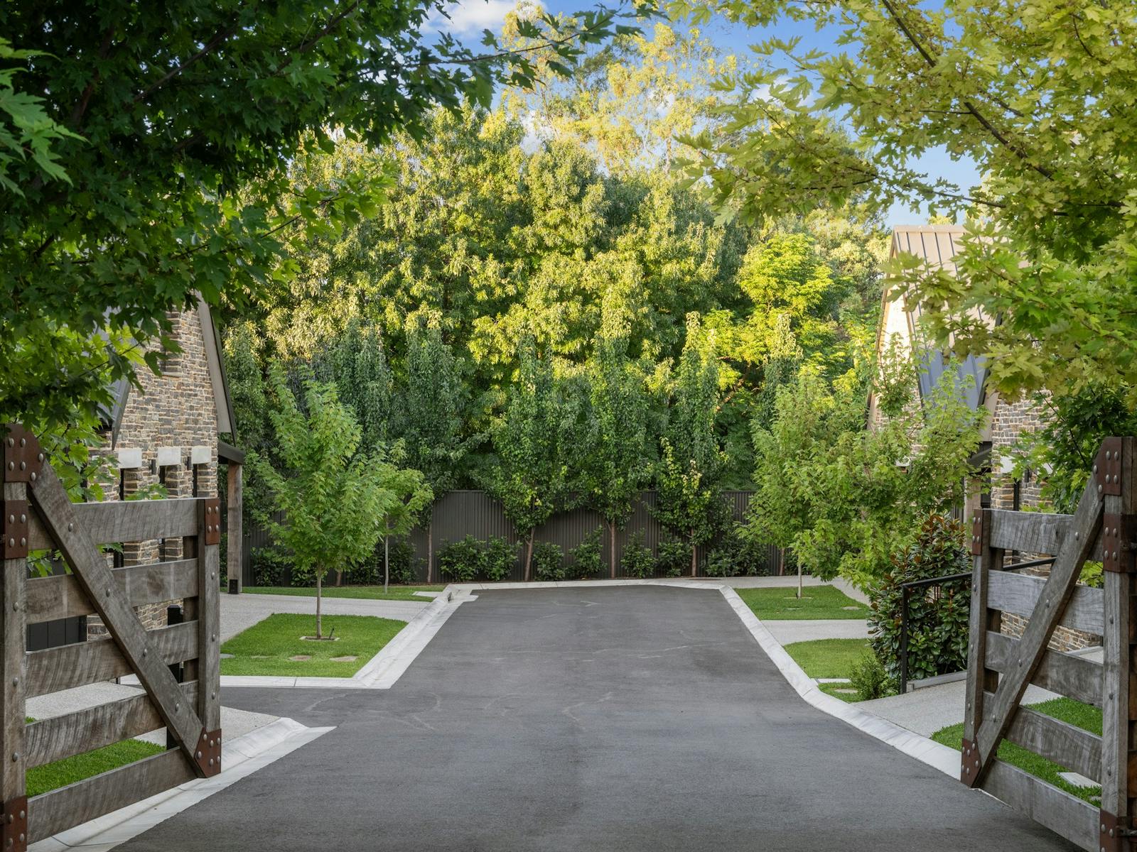 Tree lined drive way entrance to beautiful stone homes. Vale 194 luxury holiday accommodation