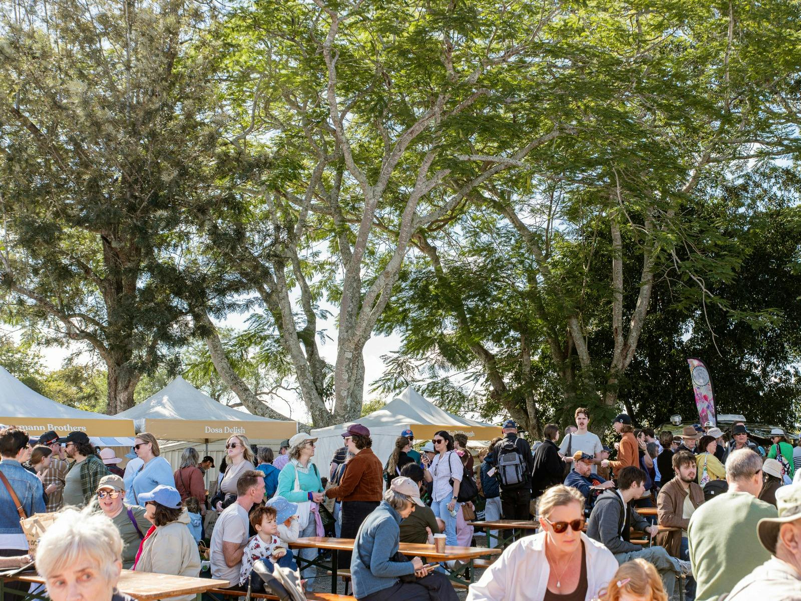 Groups of people sitting at tables enjoying food in the ready to eat area at the Festival
