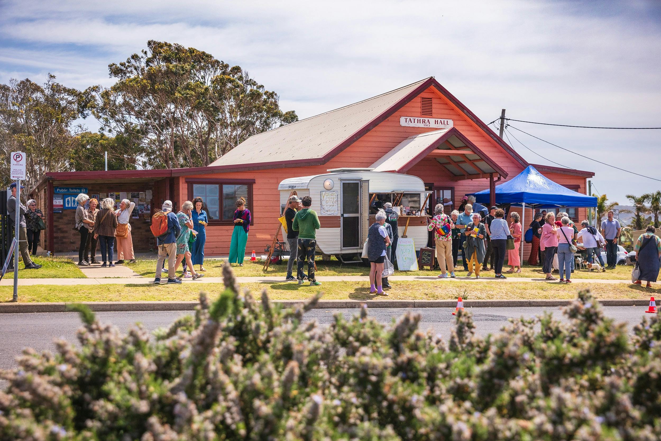 Headland Writers Festival crowd outside Tathra Hall
