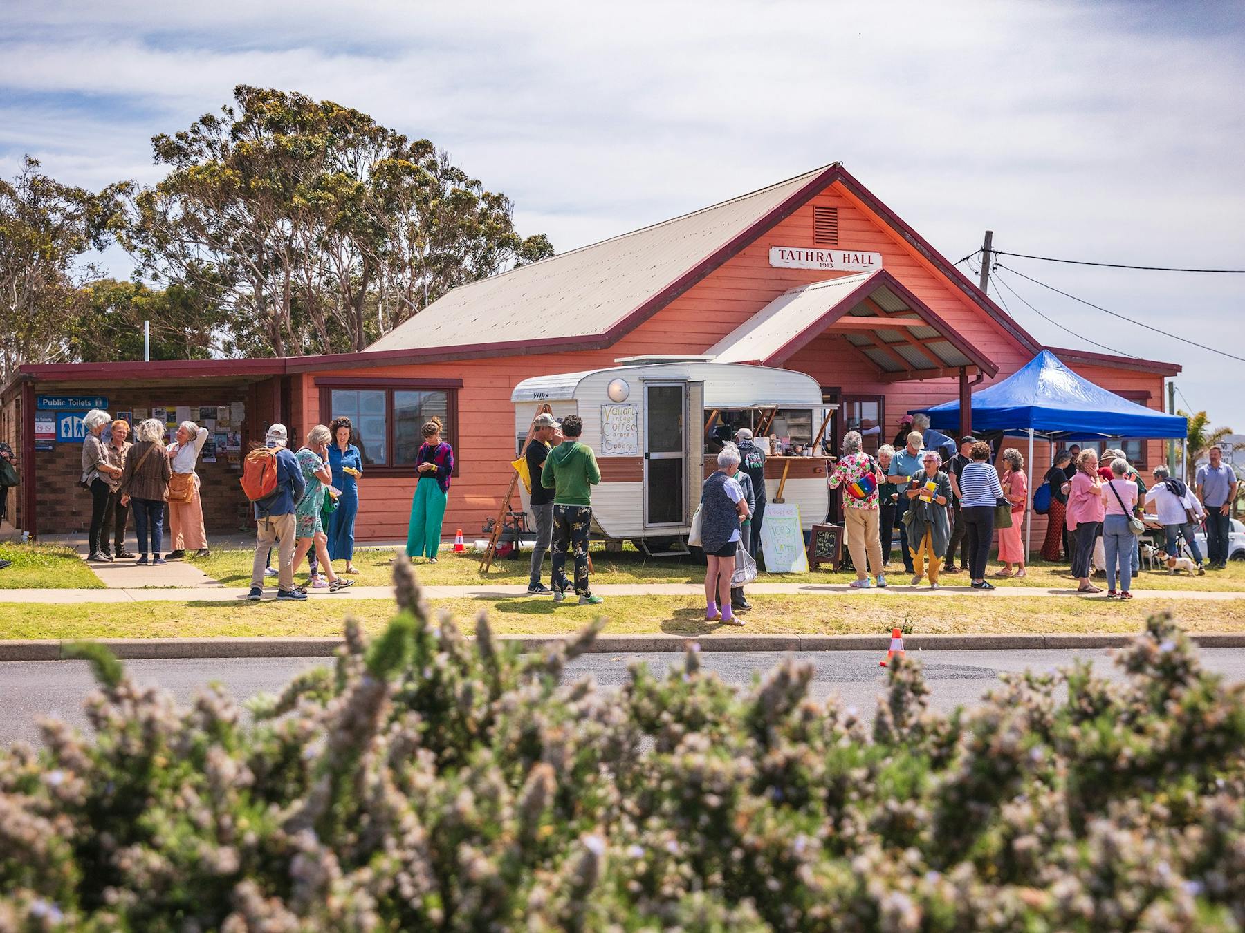 Headland Writers Festival crowd outside Tathra Hall