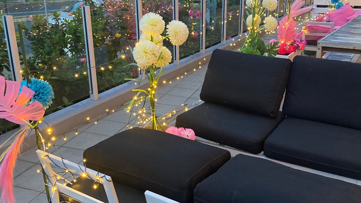 outdoor seating with lights