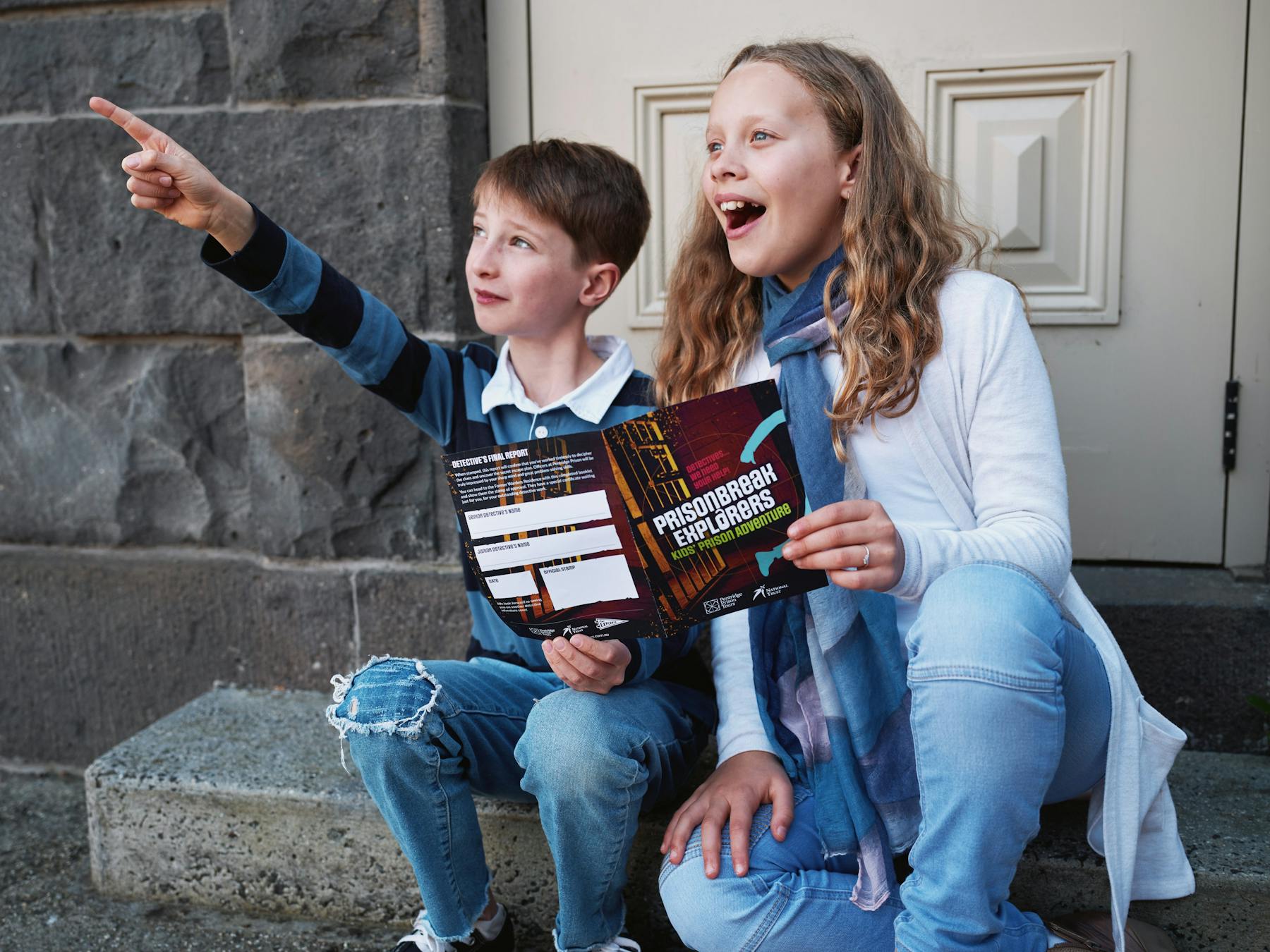 A young boy and his sister about to head off on Jailbreak at Pentridge Prison Tours