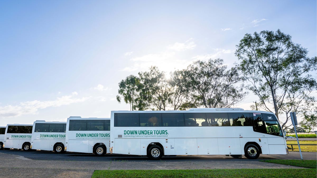 side view of four large coaches in staggered formation with trees and blue sky in background agg