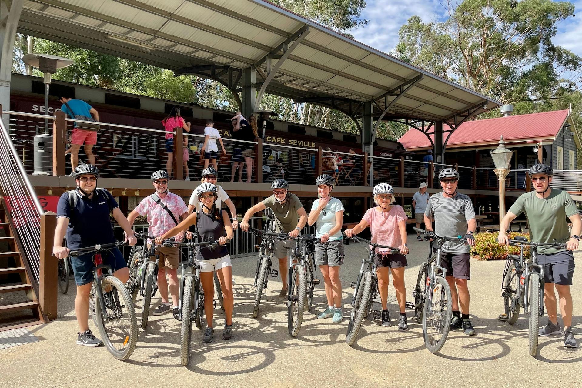 enjoying morning tea at the iconic carriage cafe along the warburton rail trail
