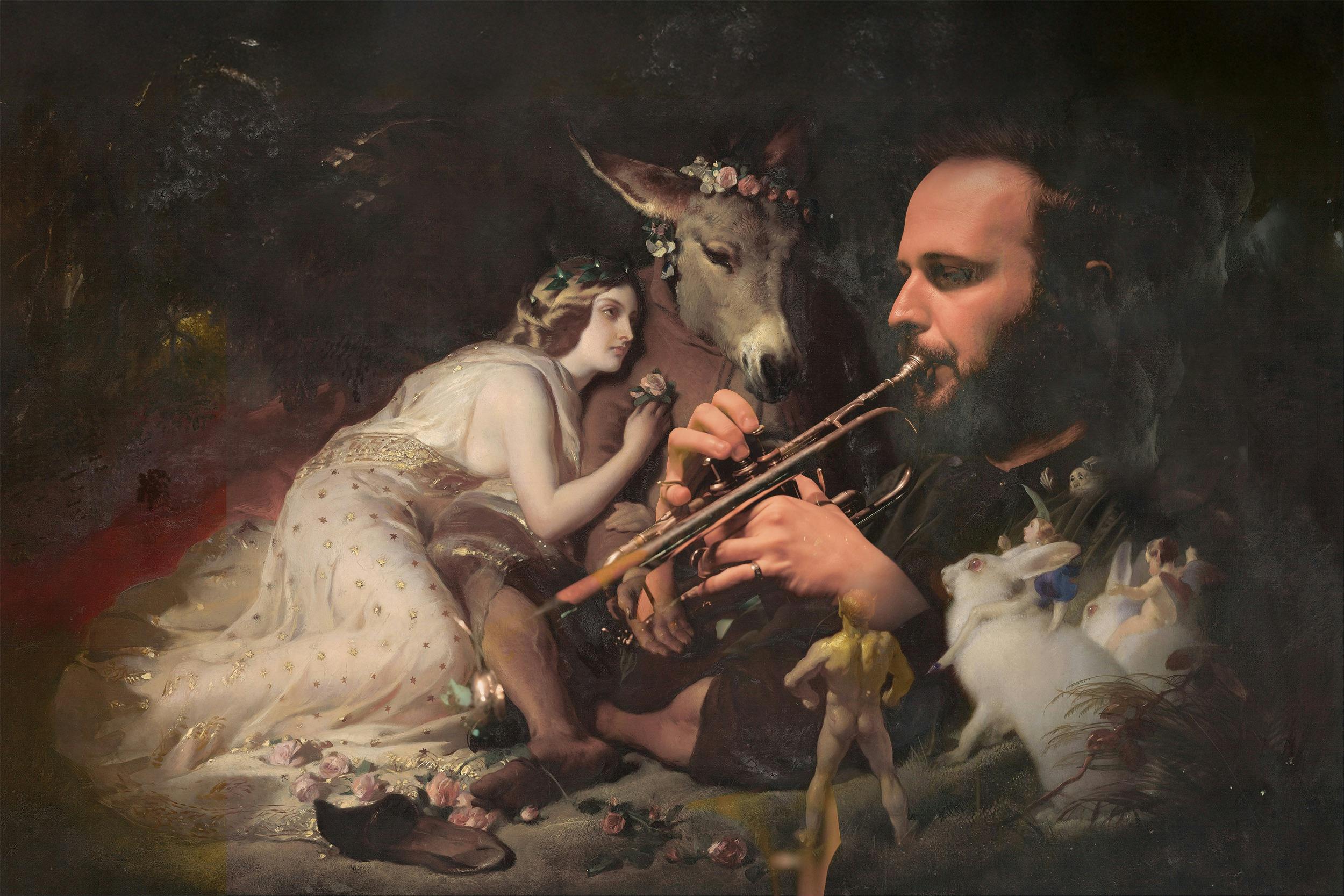 A surreal painting style image blends classical and modern elements