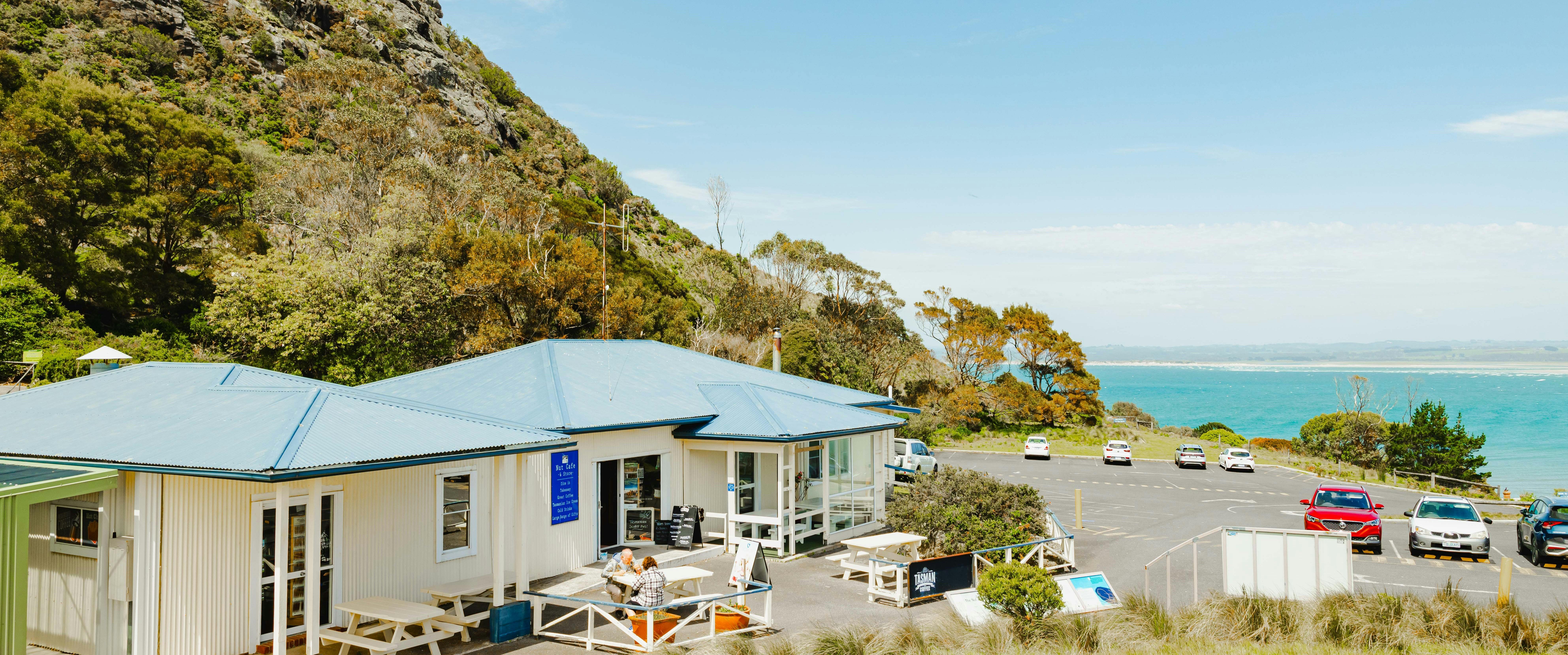 Nut Cafe with views of The Nut showing large car park, located next to the Nut Chairlift. Great food