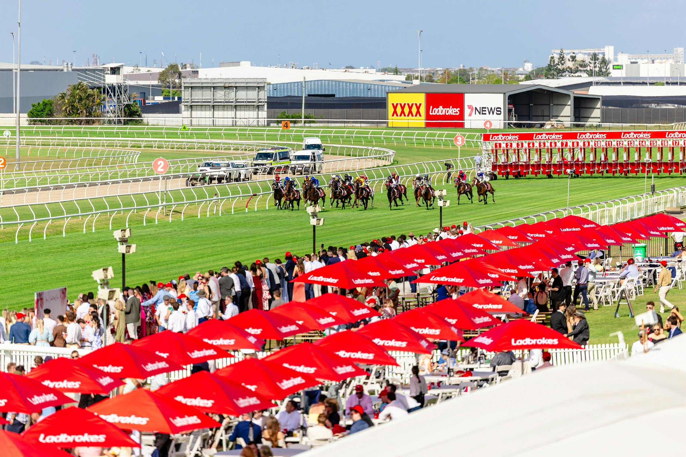 Horses jump from the gates at Doomben Racecourse