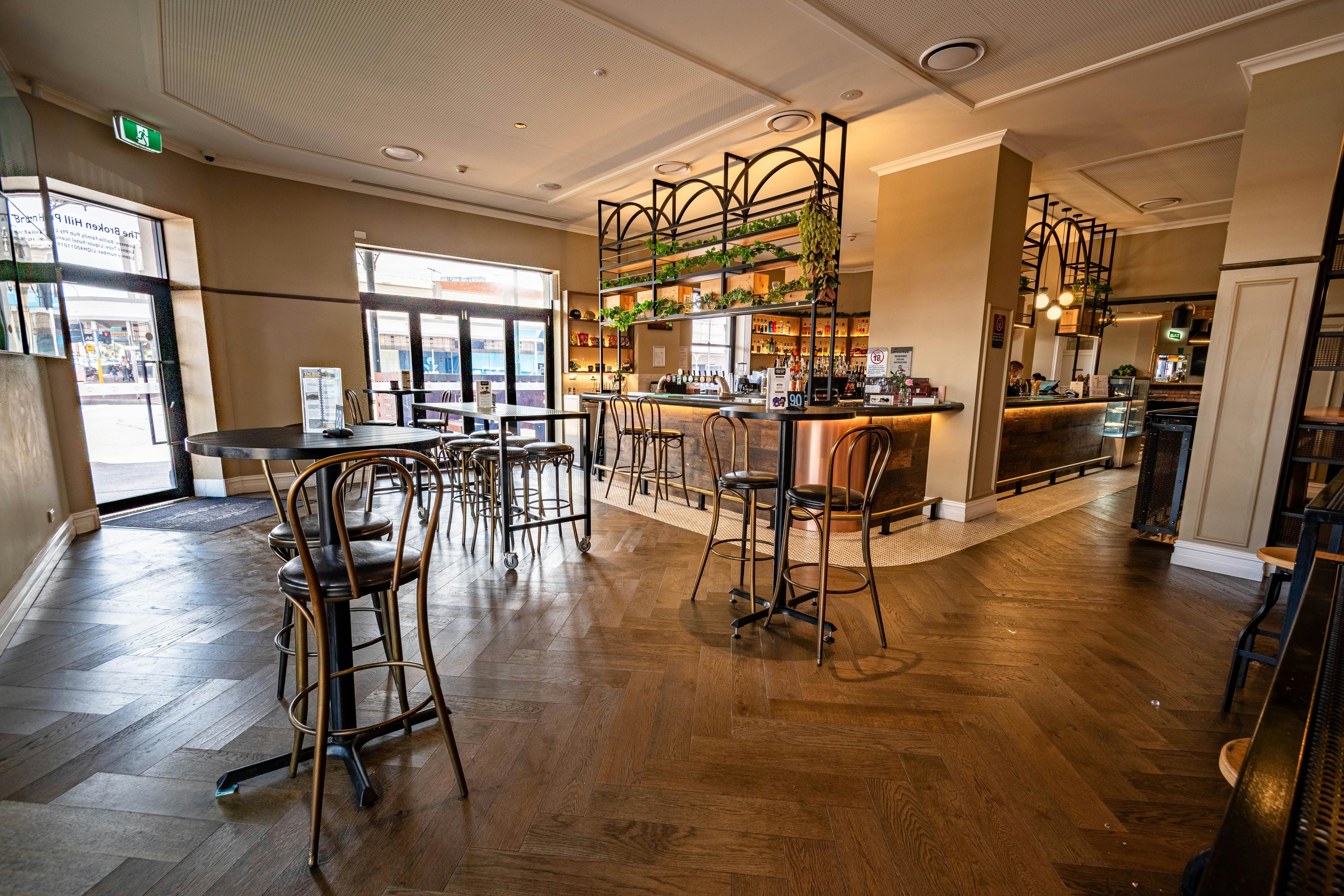 Inside the Front Bar of The Broken Hill Pub. The main bar, tables and chairs.