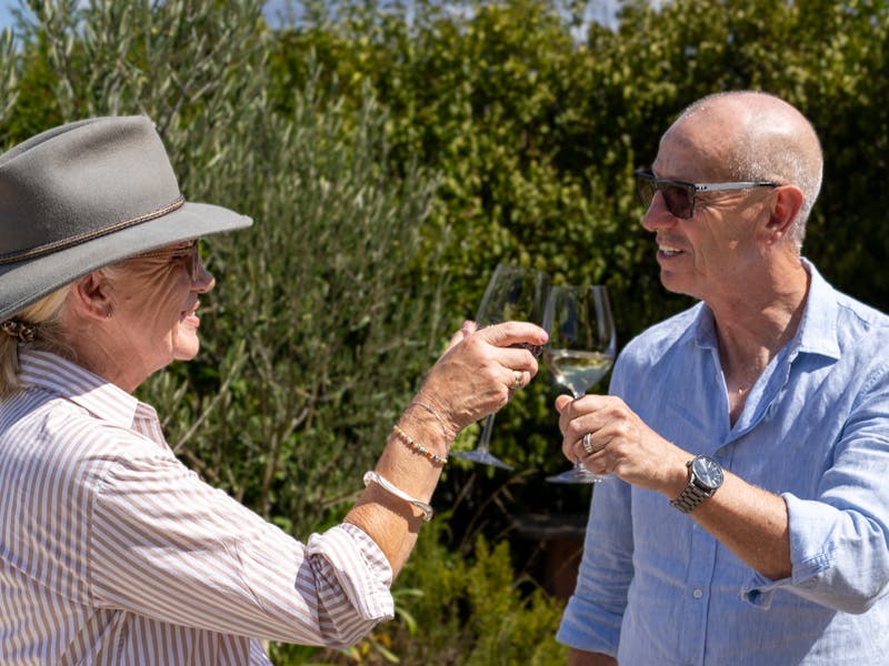 Two people cheersing wine glasses against Tasmanian bush