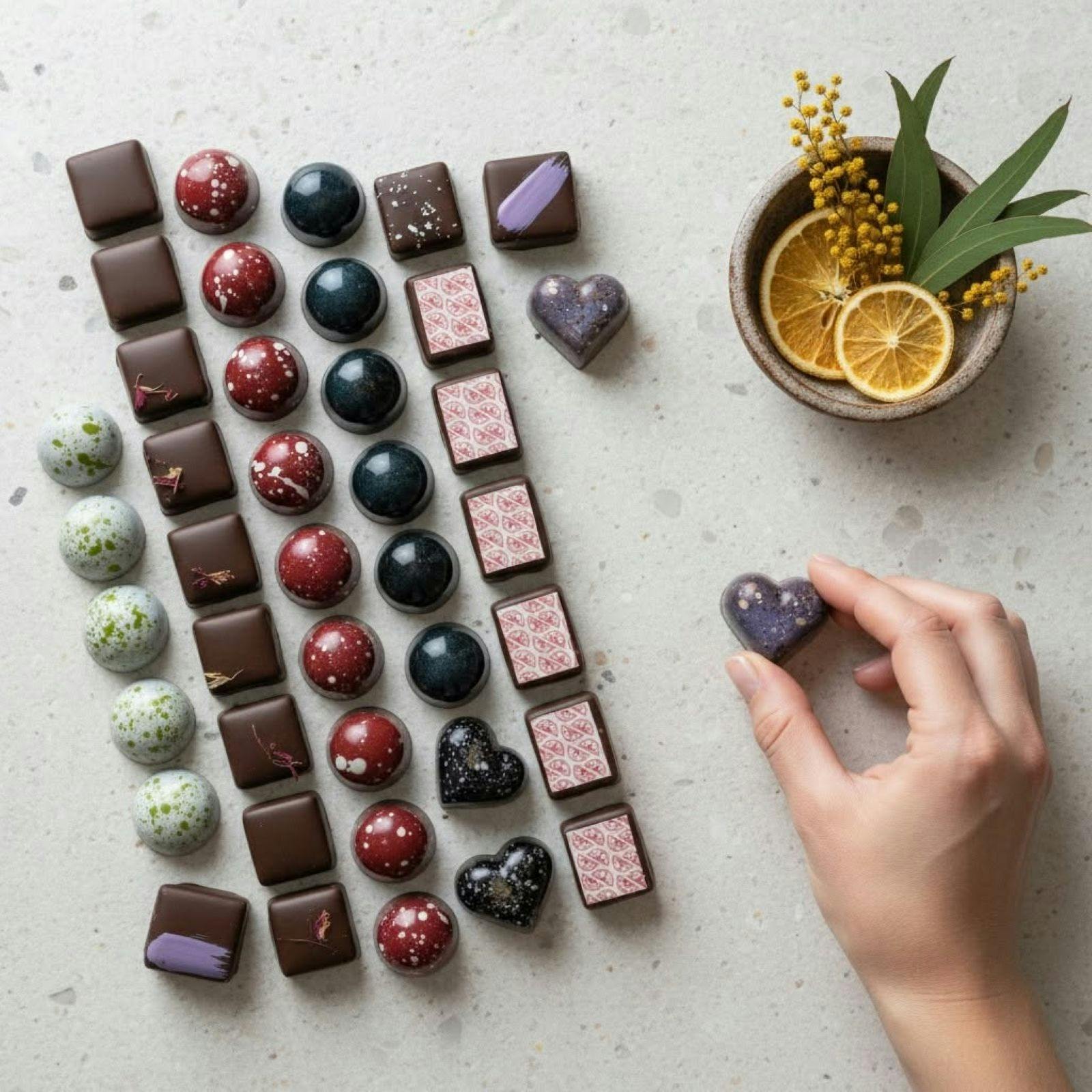 beautiful homemade chocolates in lines on white table top