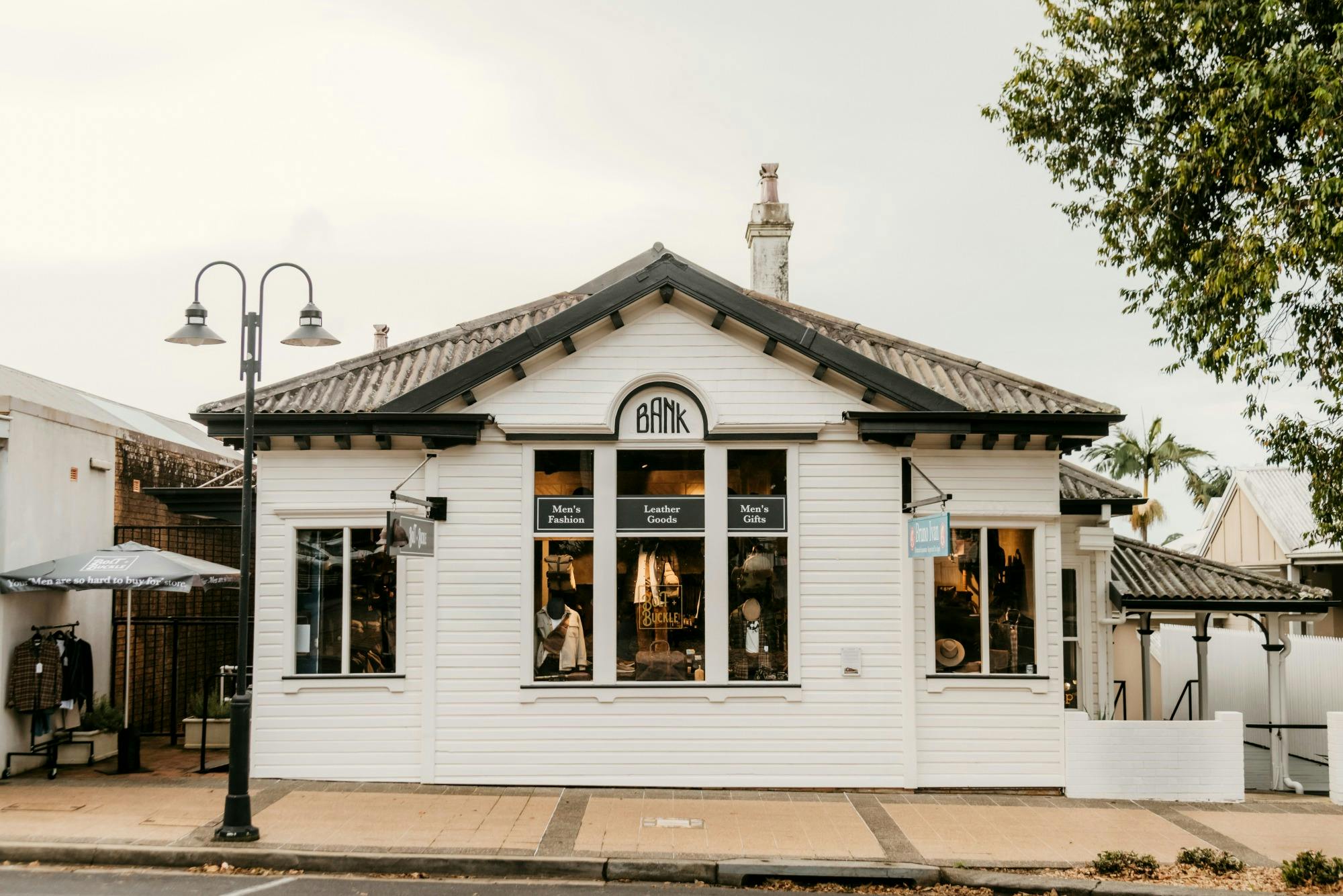 White heritage bank building on Main St, Alstonville, home of Bolt + Buckle menswear store