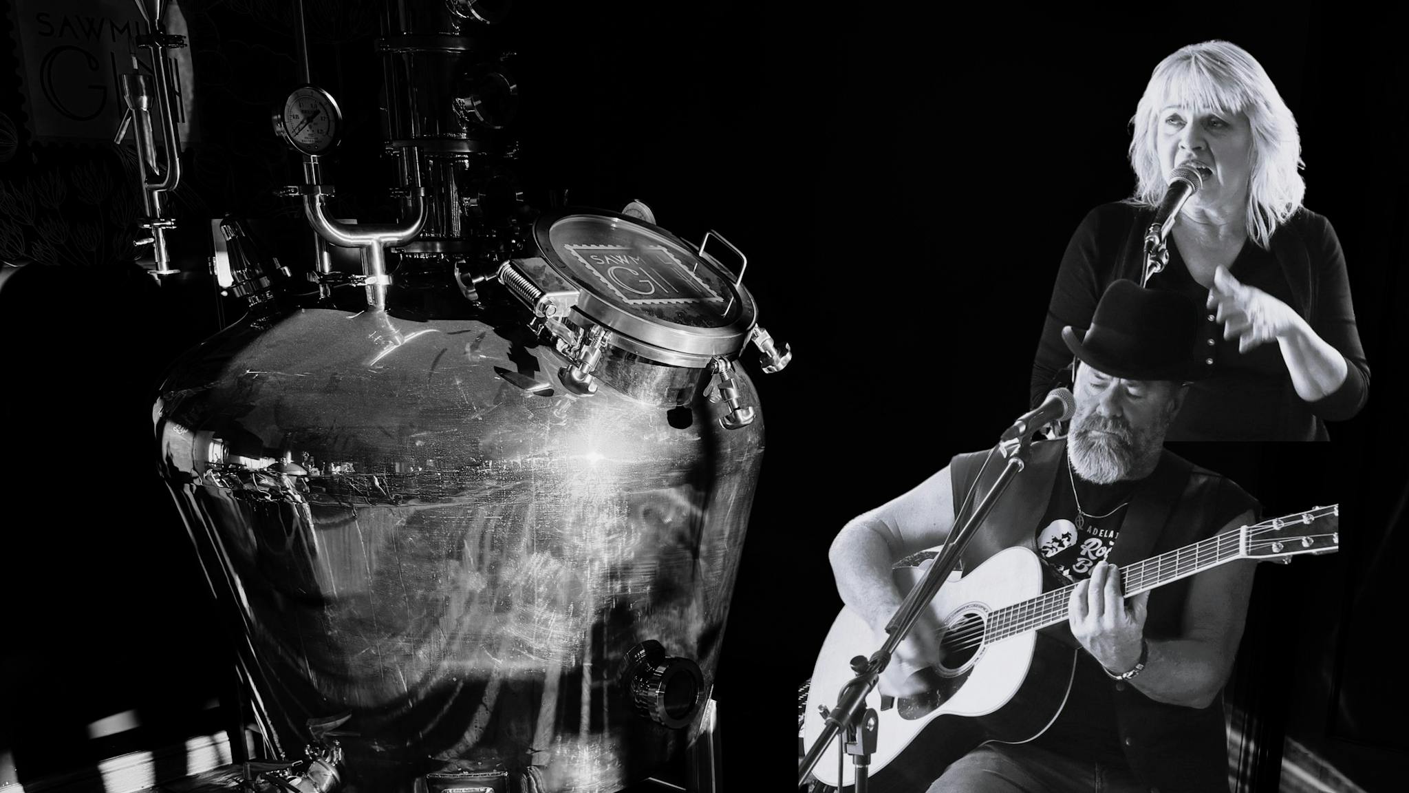 A black and white photo of a copper still, a singer and a guitarist