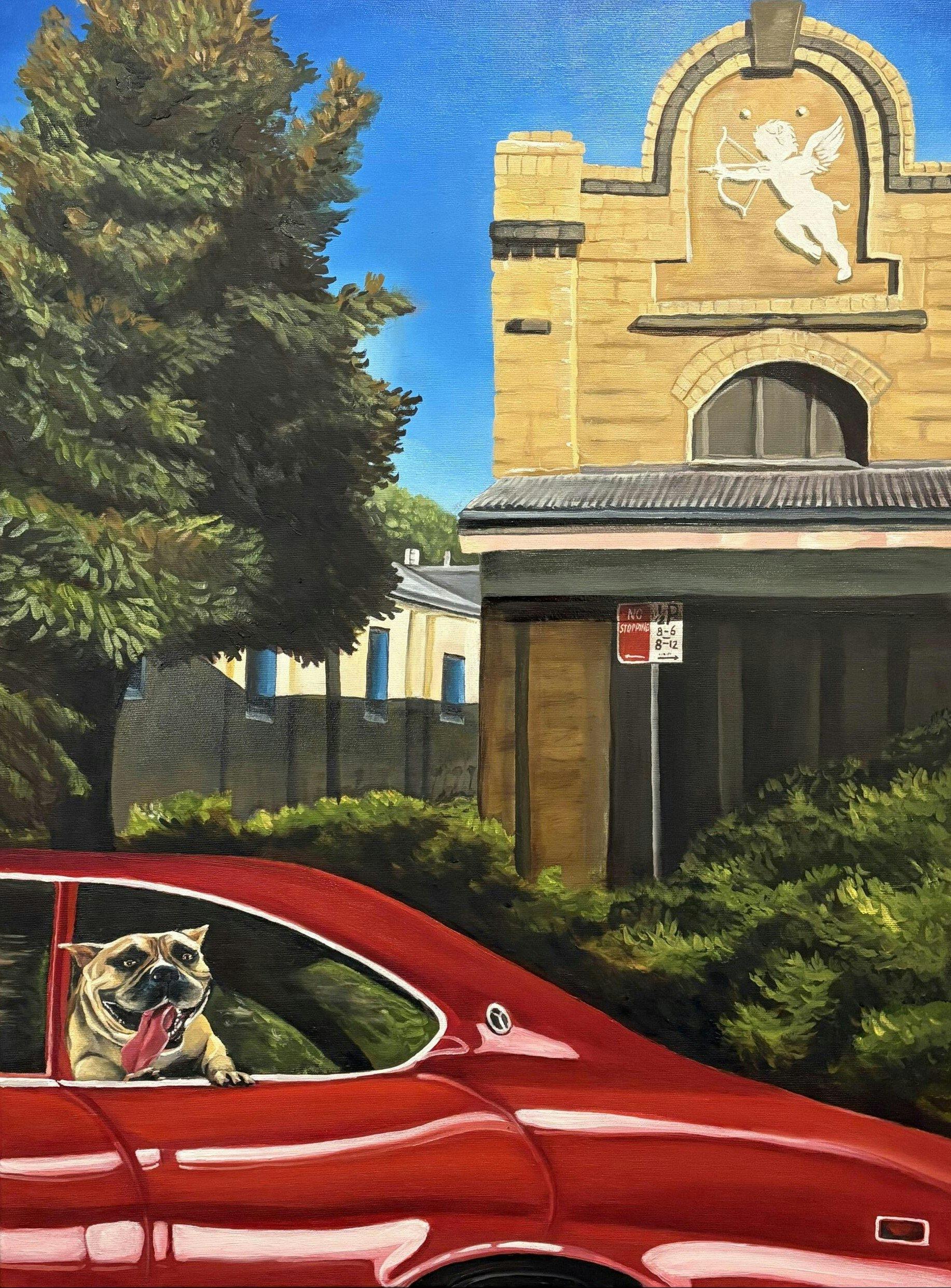 oil painting of a light brown bulldog sticking it's head out of window of red car with tounge out