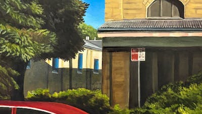 oil painting of a light brown bulldog sticking it's head out of window of red car with tounge out