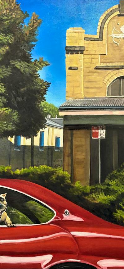 oil painting of a light brown bulldog sticking it's head out of window of red car with tounge out