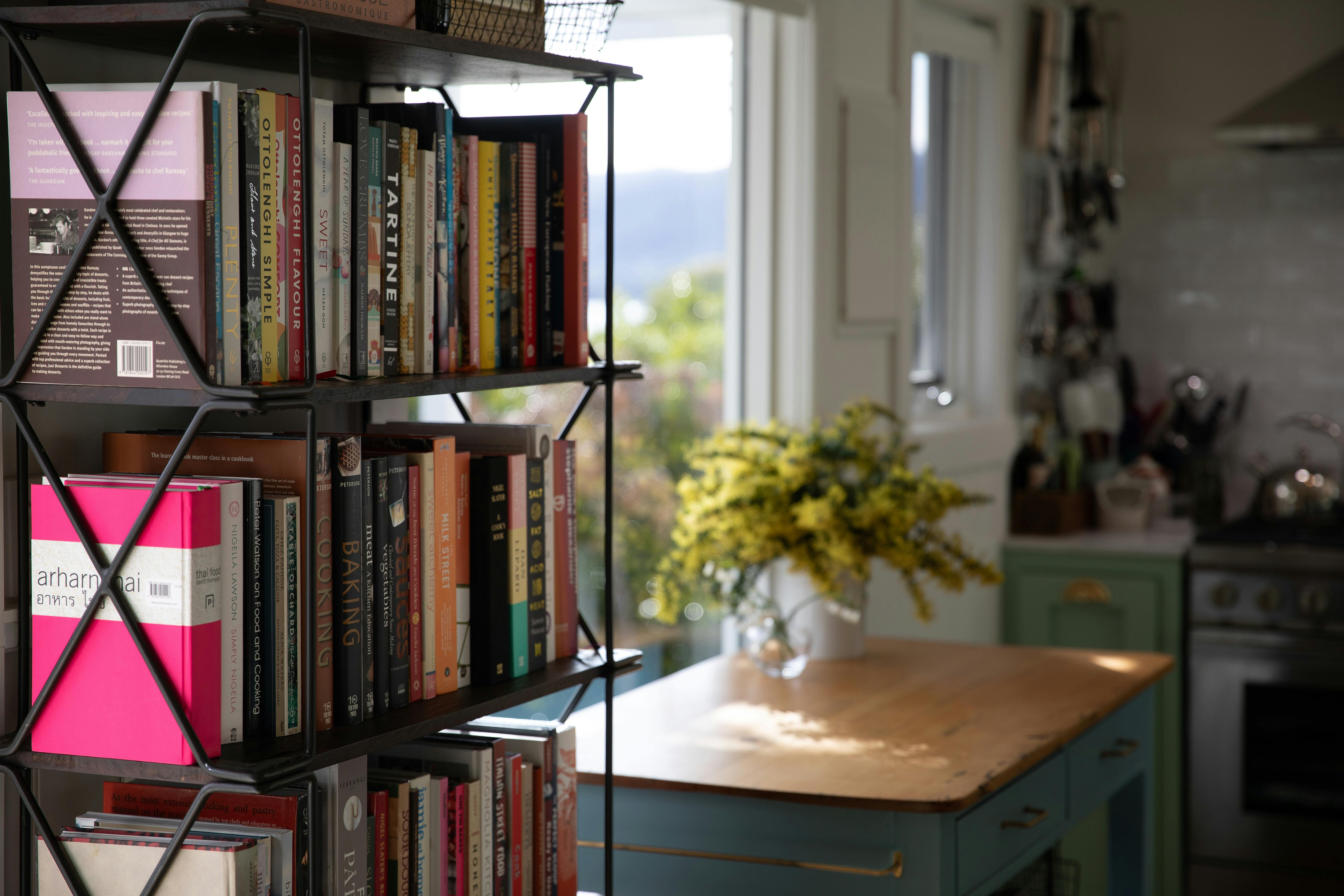 Library of Cookbooks in the Florian Cottage Kitchen, Huon Valley.
