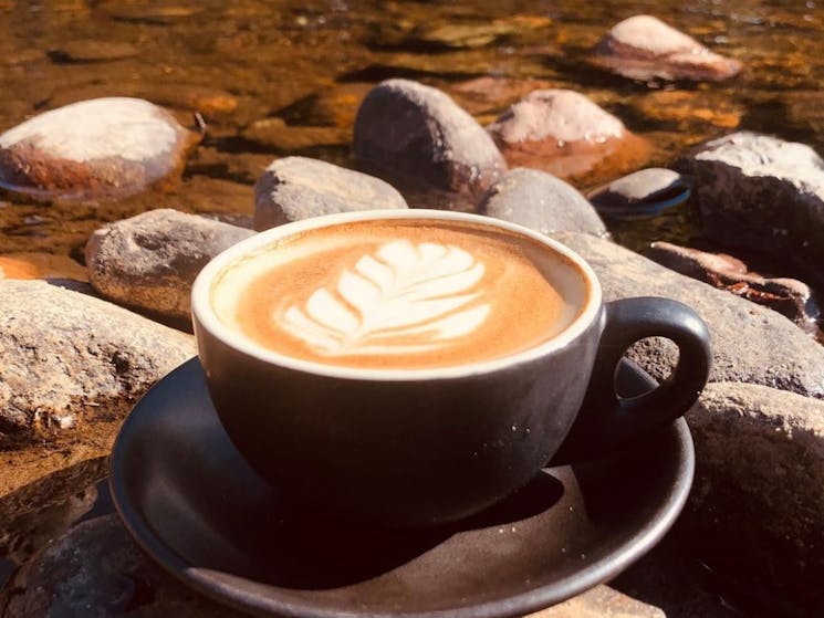 A coffee cup, with milk foam design, sitting on the bank of the Tumut River