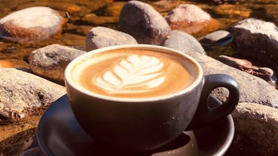 A coffee cup, with milk foam design, sitting on the bank of the Tumut River
