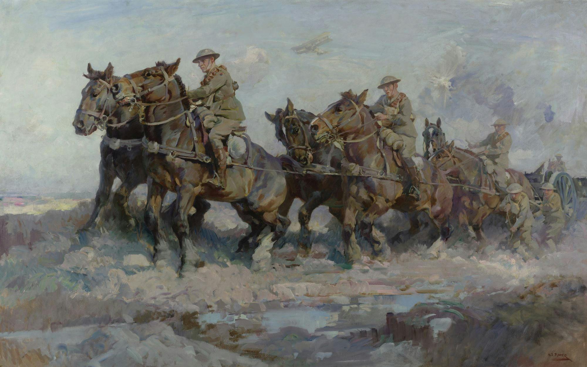 horses pulling guns to transport, soldiers on their backs