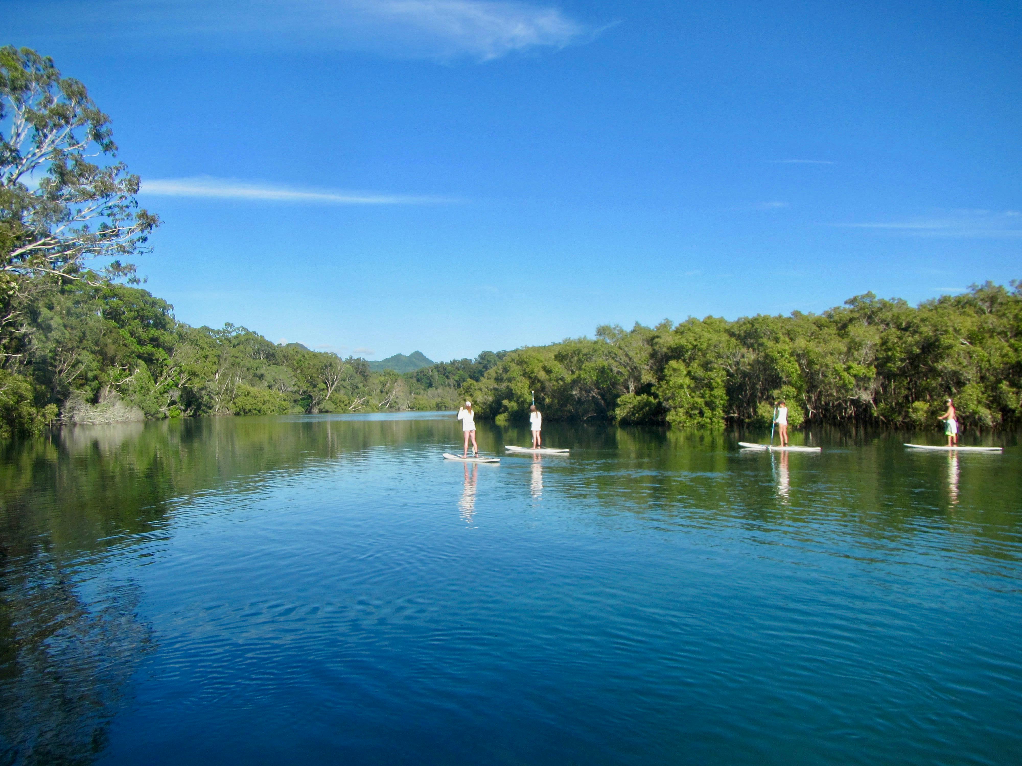 Beautiful blues with 4 paddle boarders on a river