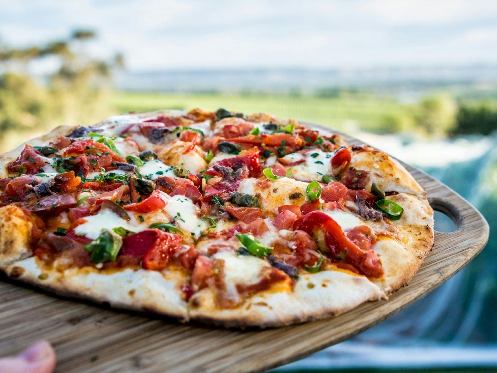 Wood Oven Pizza with view in background