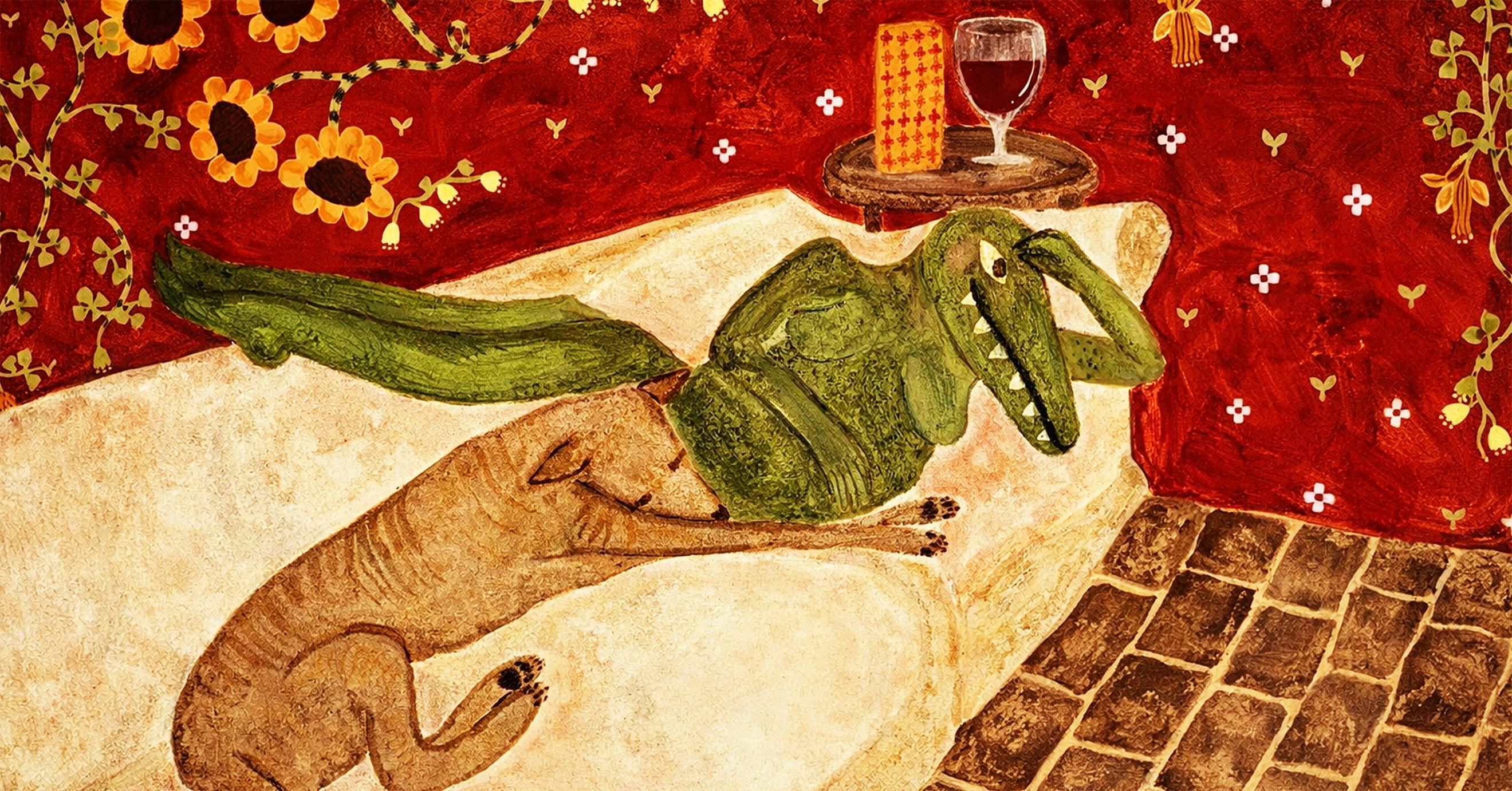 Painting of  a crocodile laying exhausted on a couch with a dog cuddled up to it