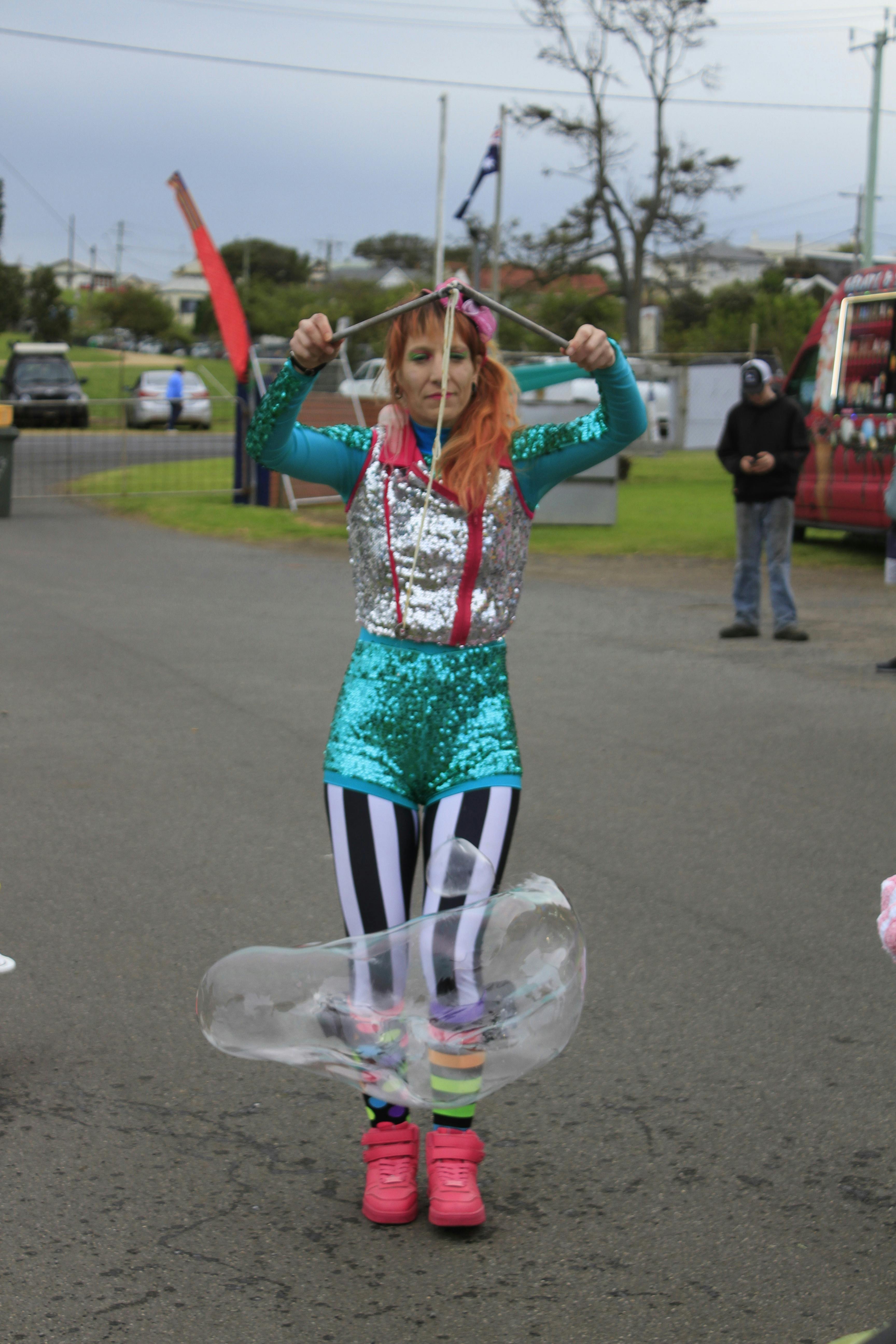 Donna Sparx in her colourful costume doing her bubble performance at the Warrnambool show