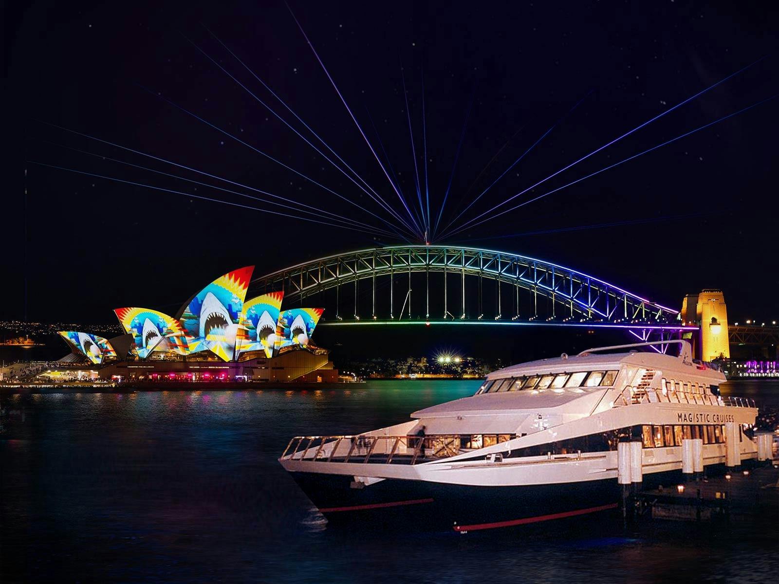 Magistic Vivid Sydney cruise in Sydney, with the Opera House & Harbour Bridge in the background