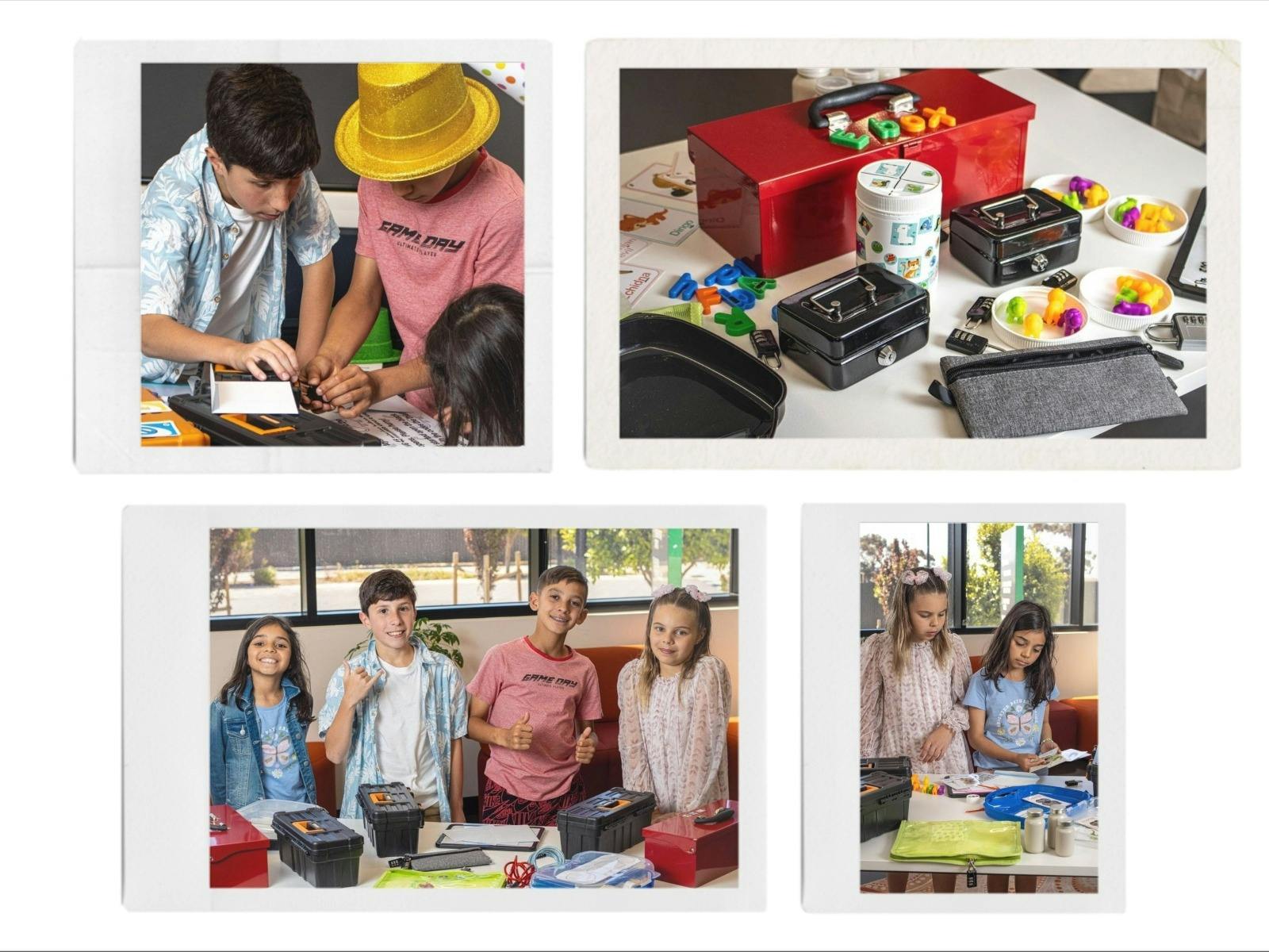 children playing at a table of colourful items
