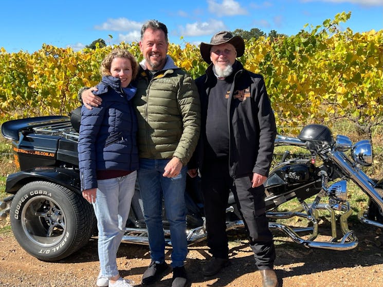 Tourists on a 3-wheeled luxury Trike uncover hidden extras during their wine tour.