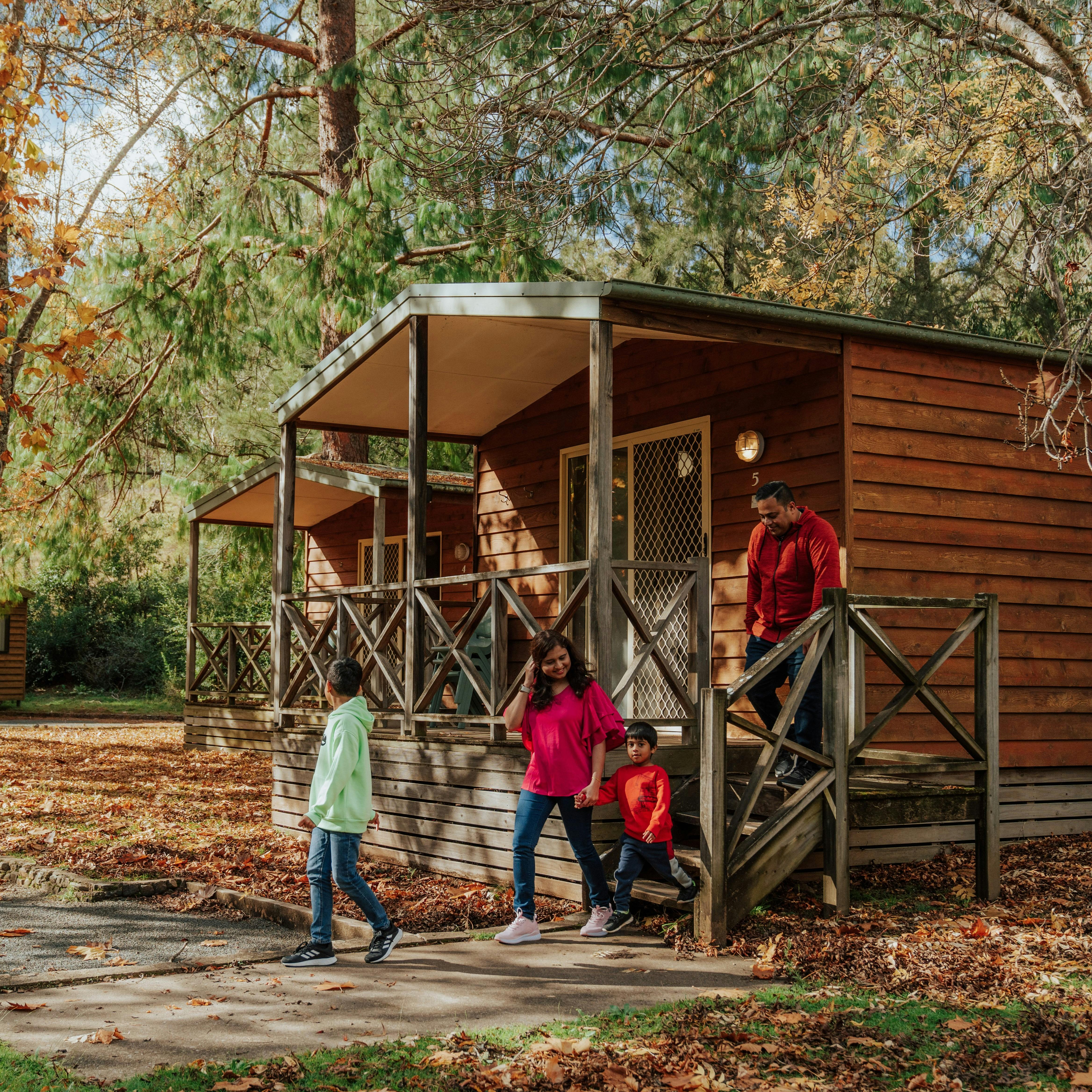 Family staying at a cabin in Wombeyan Caves