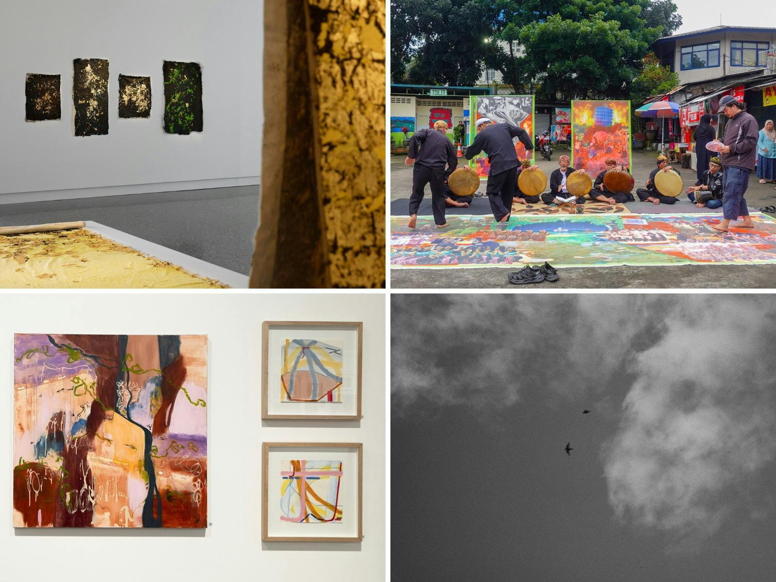Photograph indicative of the four exhibitions happening at Campbelltown Arts Centre as a grid of 4