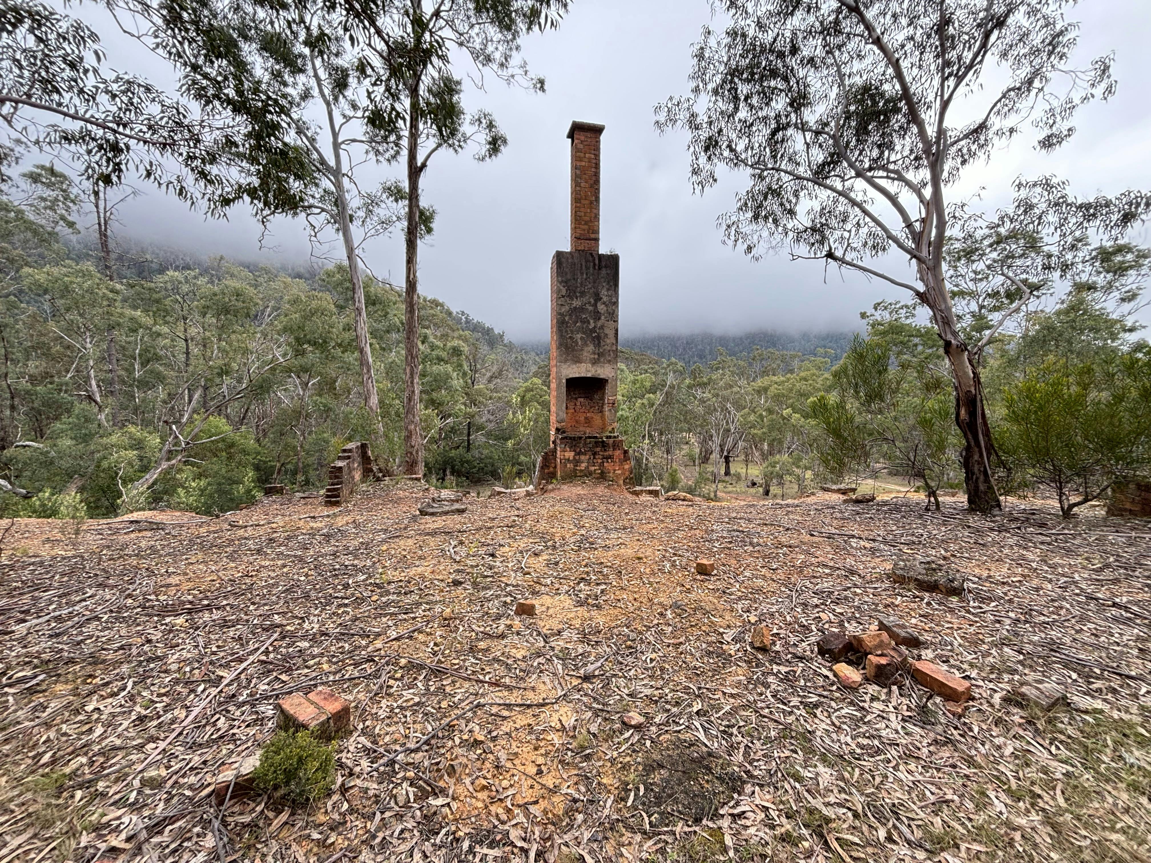 A brick chimney stands on top of a slight hill with a blue sky and trees behind. l,