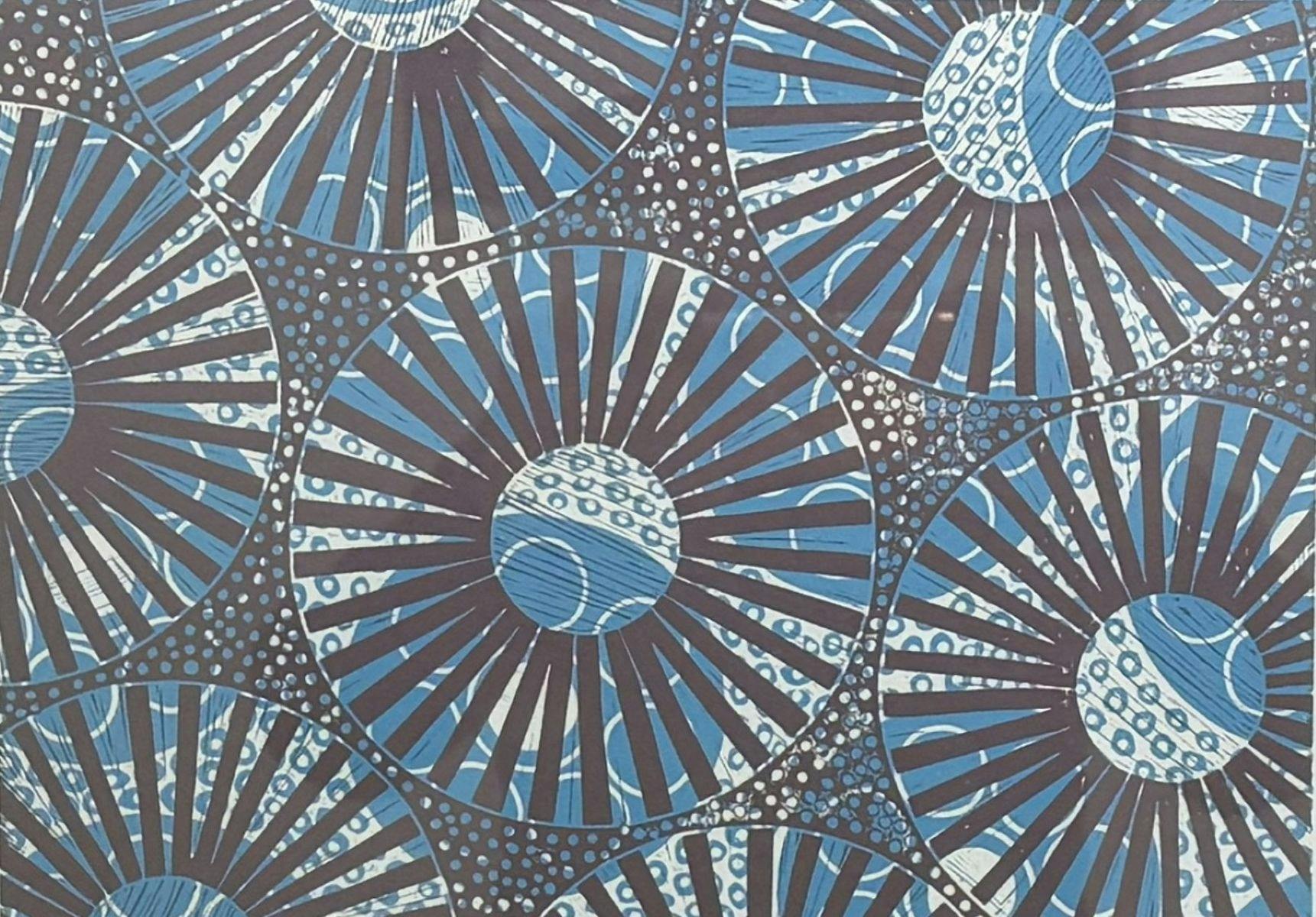 Detail of relief block print called C3 + C4 in Light Blue and Mushroom'. 2 blocks were used.