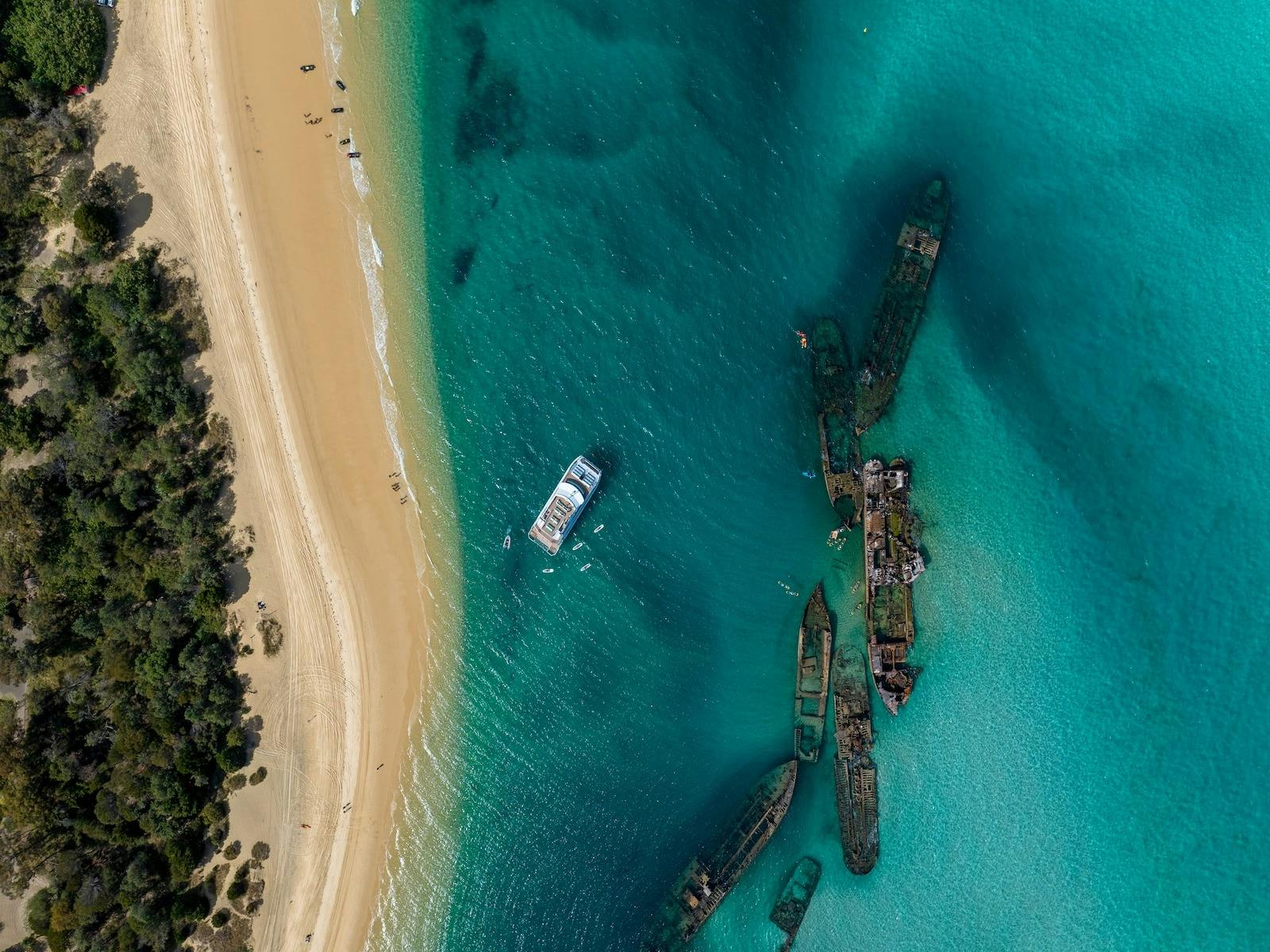Aerial view of See Moreton near the iconic Tangalooma Wrecks