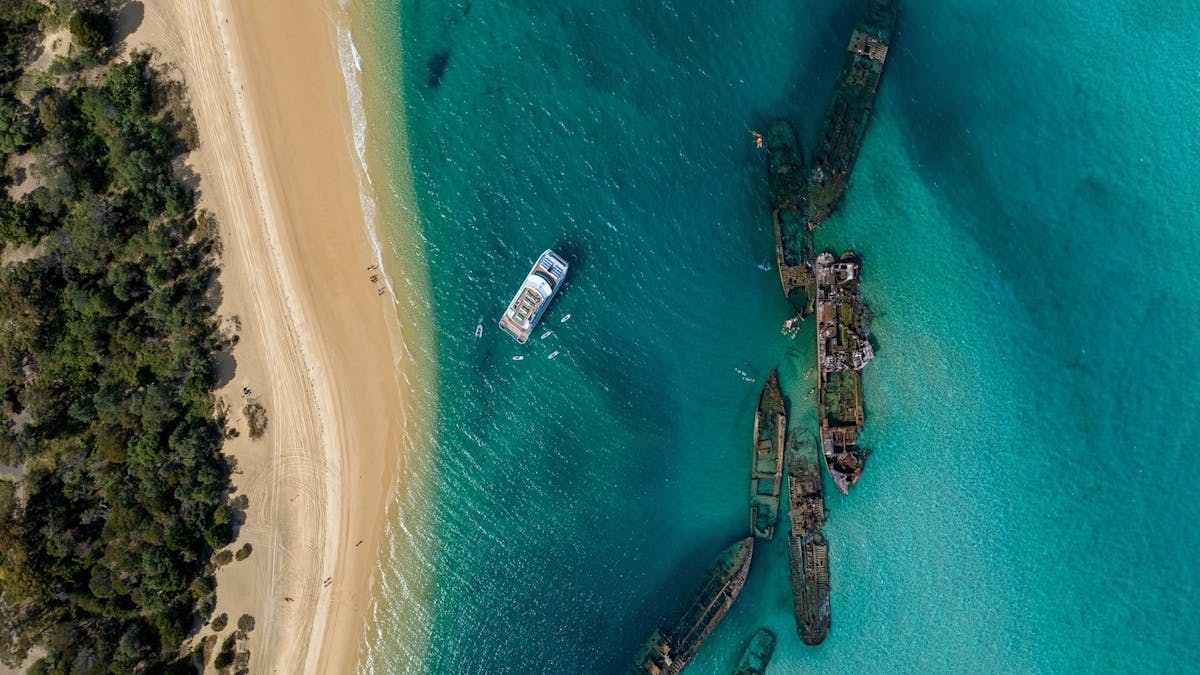 Aerial view of See Moreton near the iconic Tangalooma Wrecks