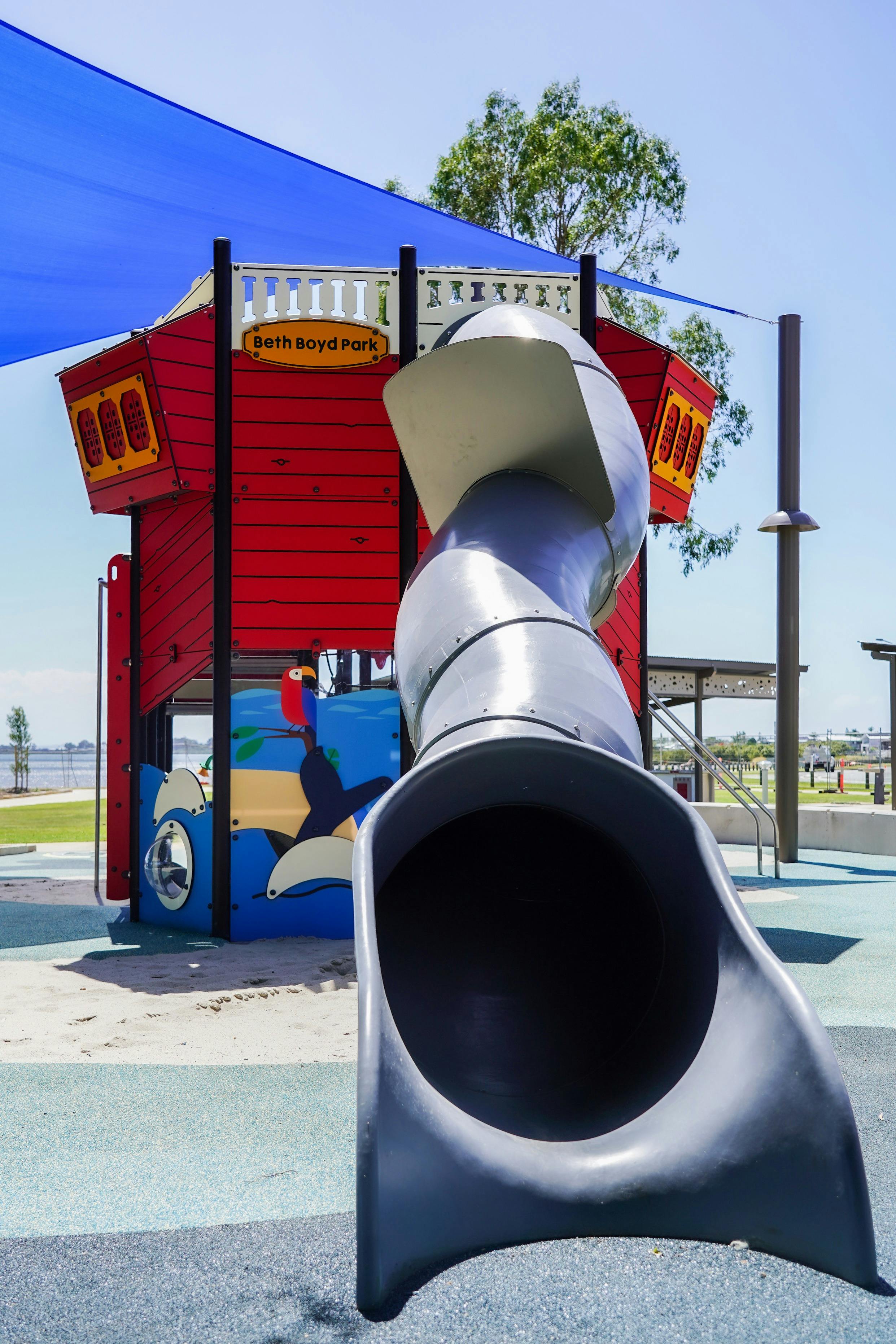 Tunnel slide at Beth Boyd Park pirate playground, Thorneside – kids’ fun on Redlands Coast.