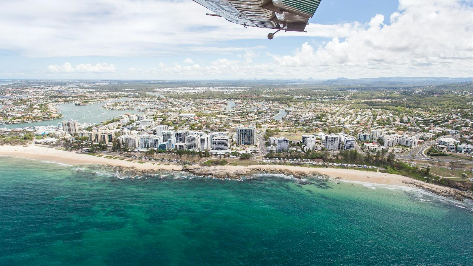Seaplane perspective of Mooloolaba from air.