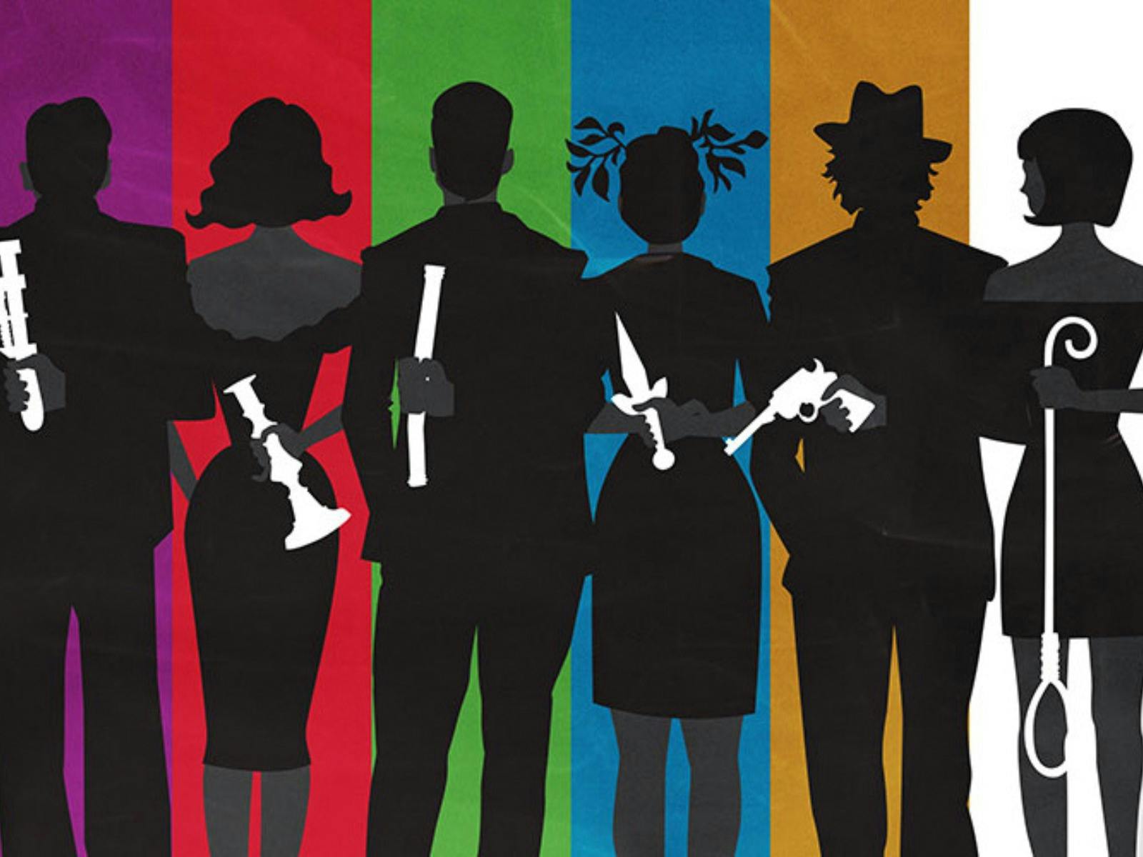 Silhouettes of six people holding various items stand against a multi-colored striped background