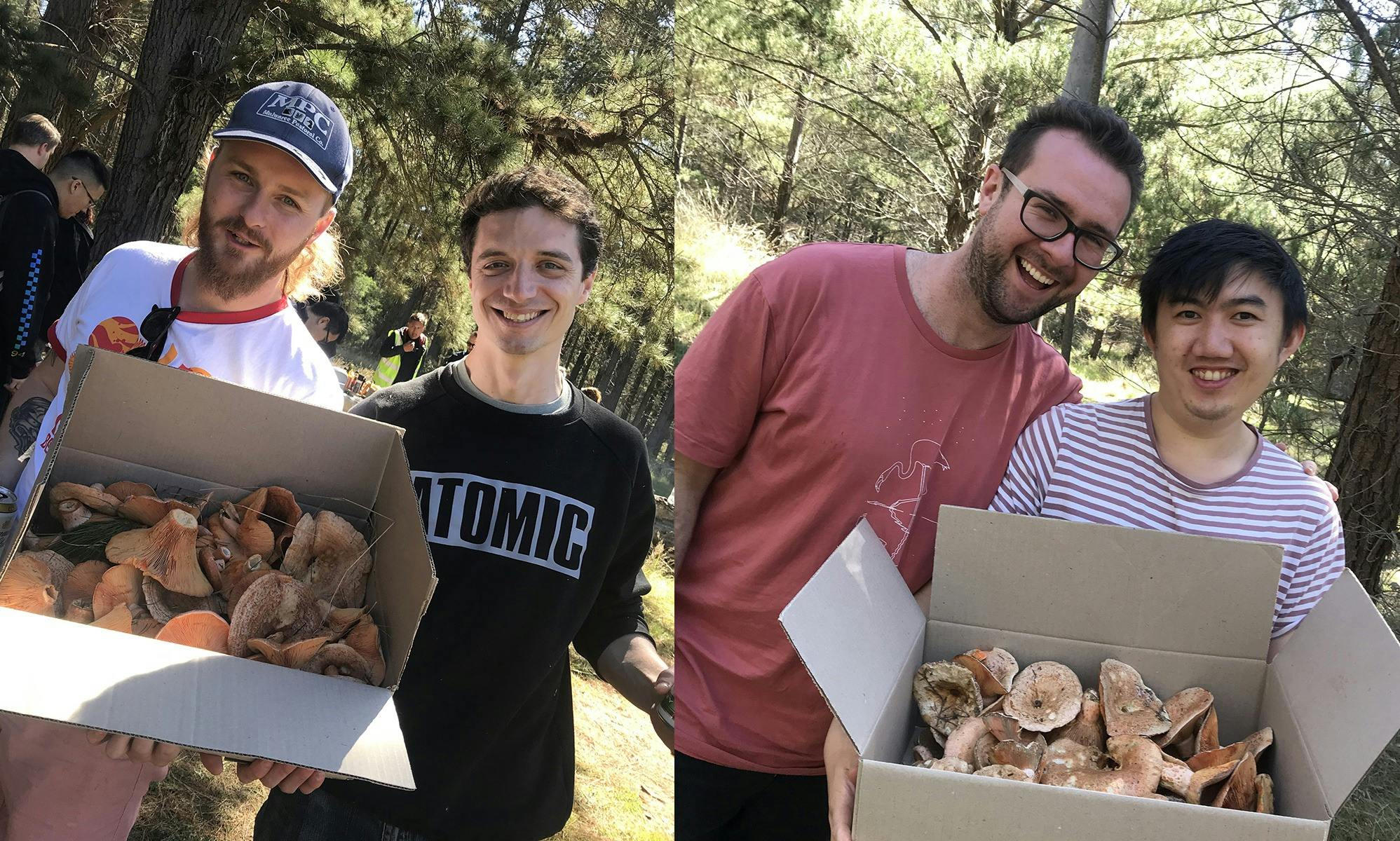 Two images of two couple of young guys with a box full of mushrooms
